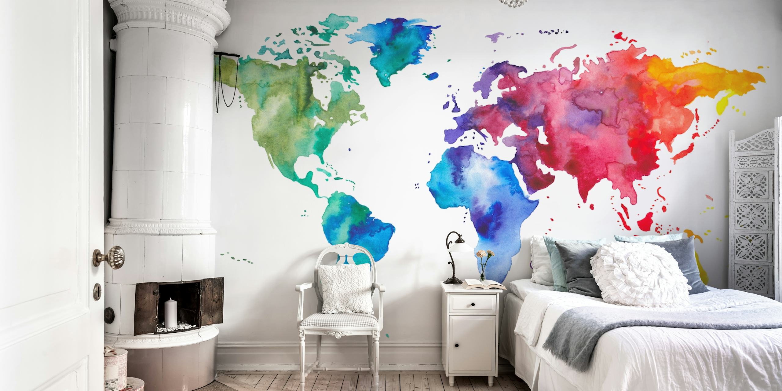 Colorful watercolor world map wallpaper in vibrant hues