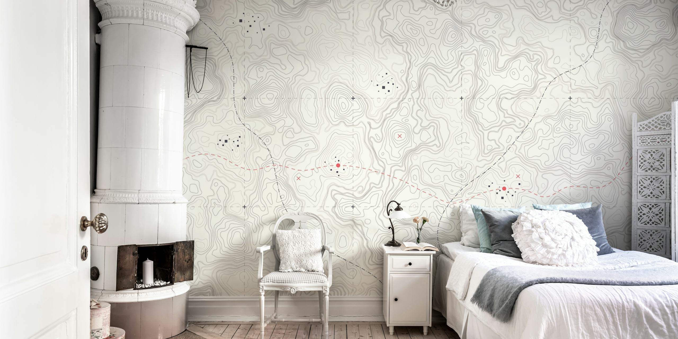 Topographic vintage map in beige, gray, and red wallpaper