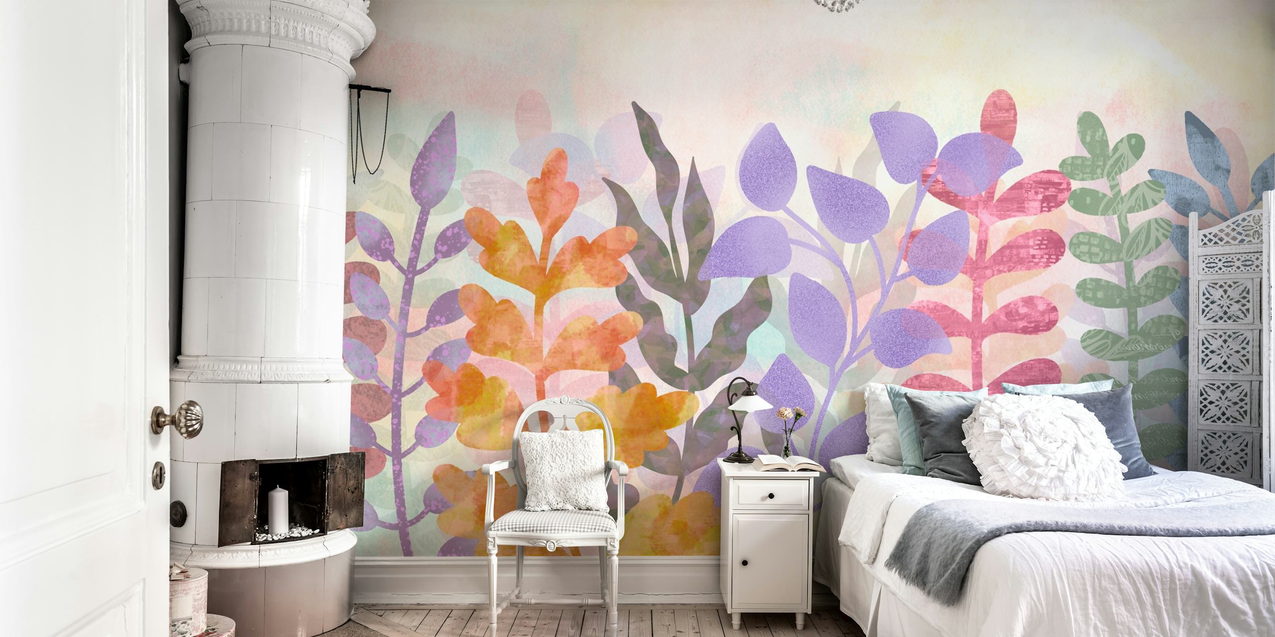 Colorful watercolor leaves in purple, green, orange, and pink wallpaper