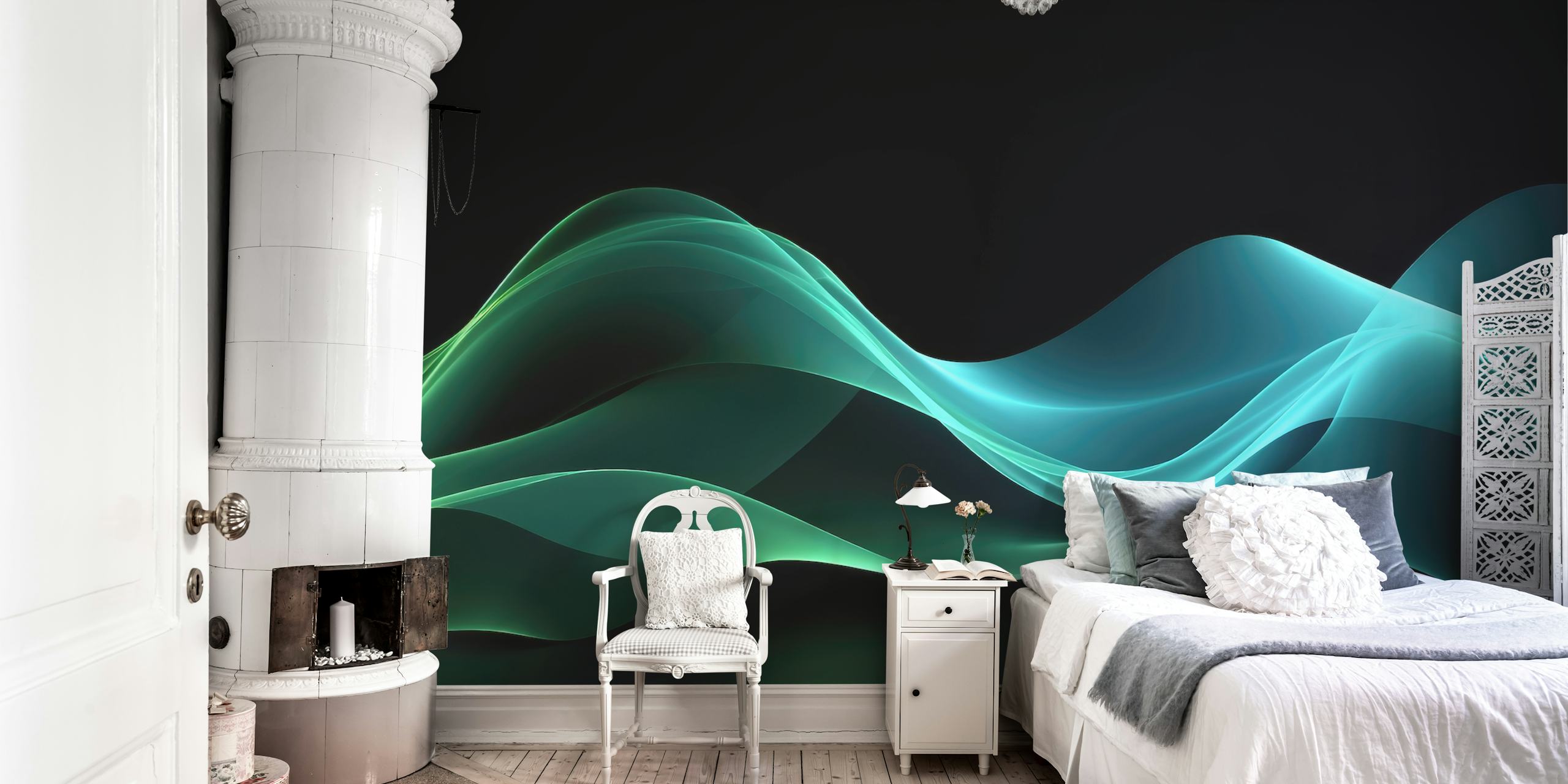 Abstract blue and green waves wall mural exuding a dreamy, serene nighttime ambiance