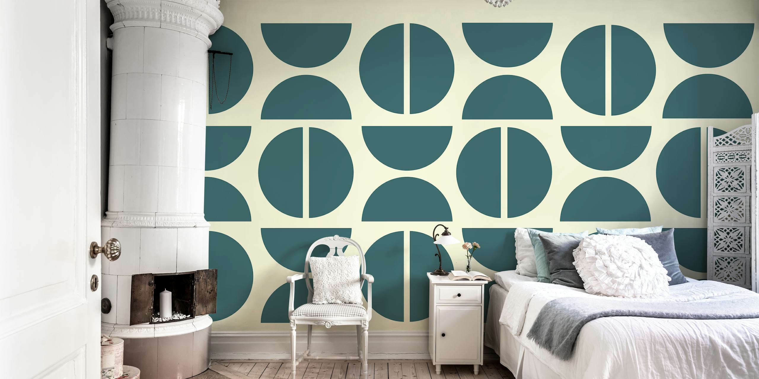 Geometric shapes in green and beige wallpaper design