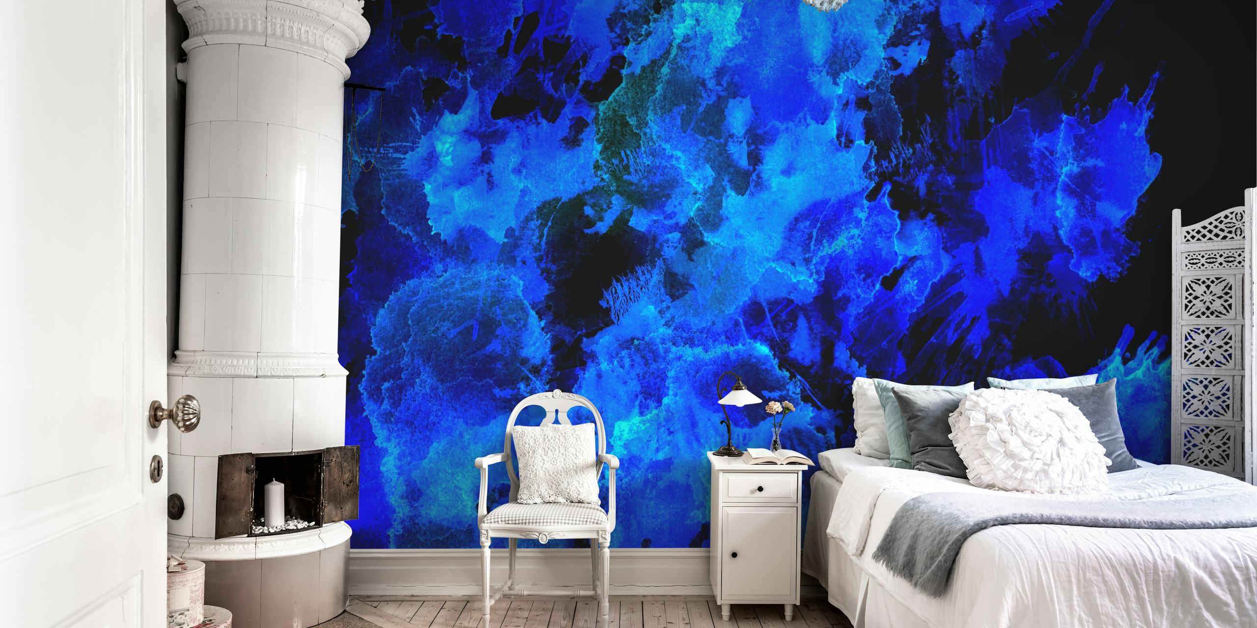 Abstract blue splash patterns on black wallpaper