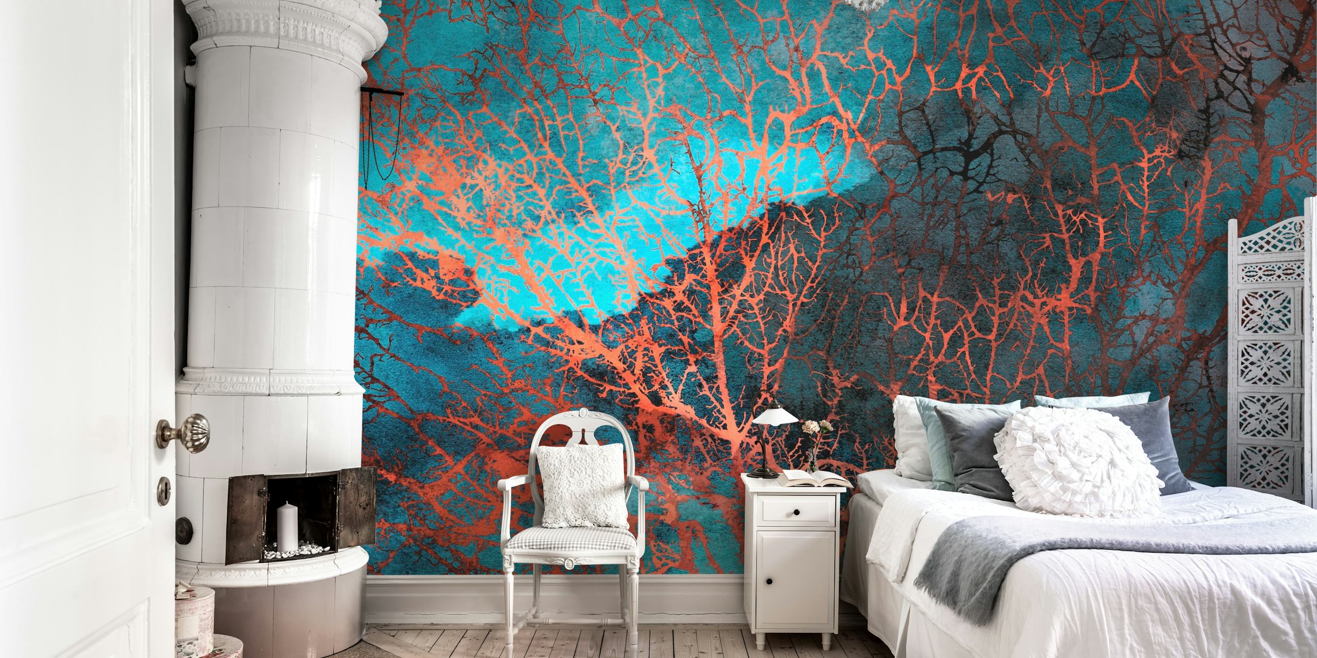 Aquarelle corail et turquoise avec motifs organiques wallpaper