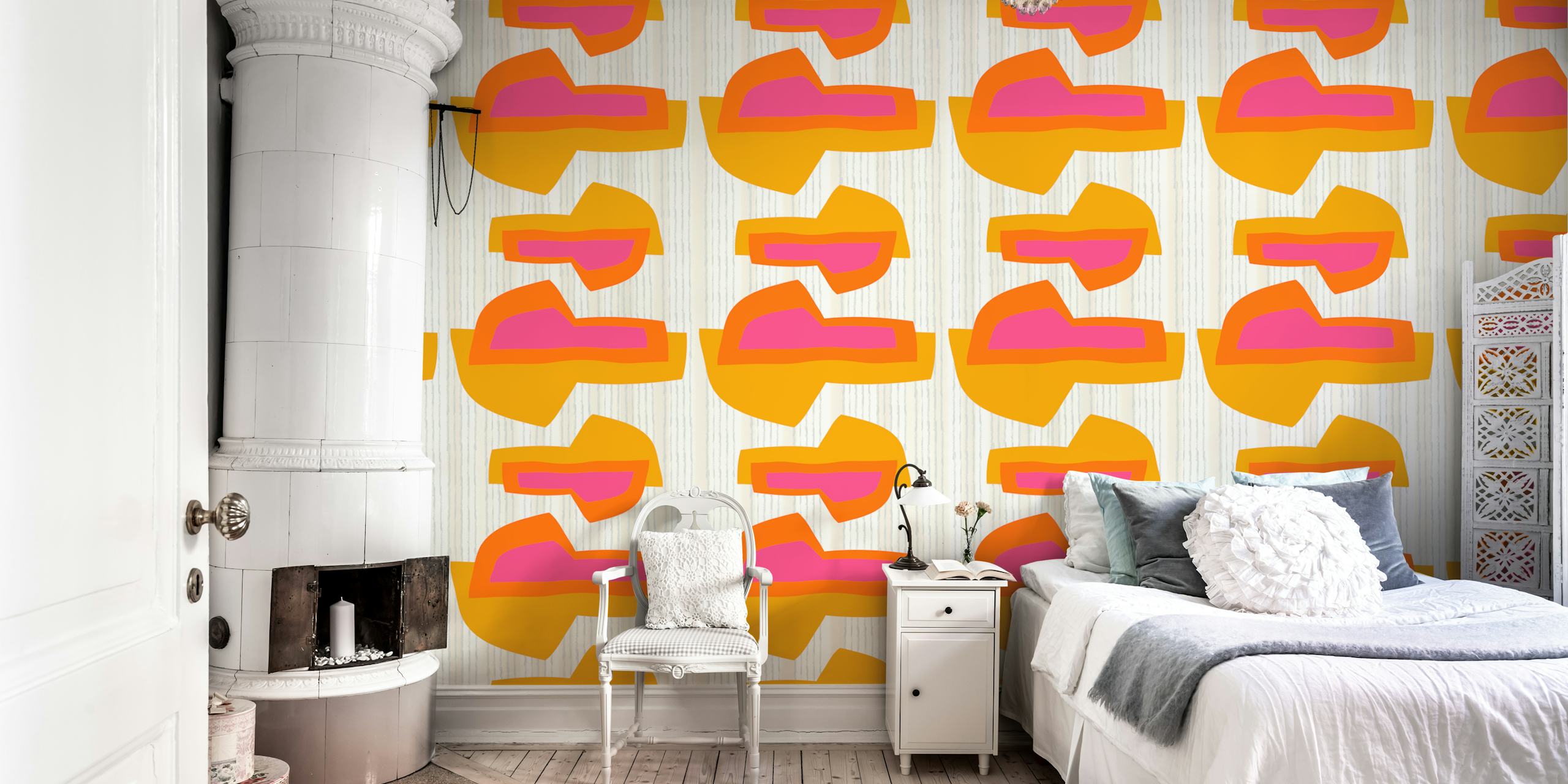 Colorful abstract shapes in orange, pink, and yellow wallpaper