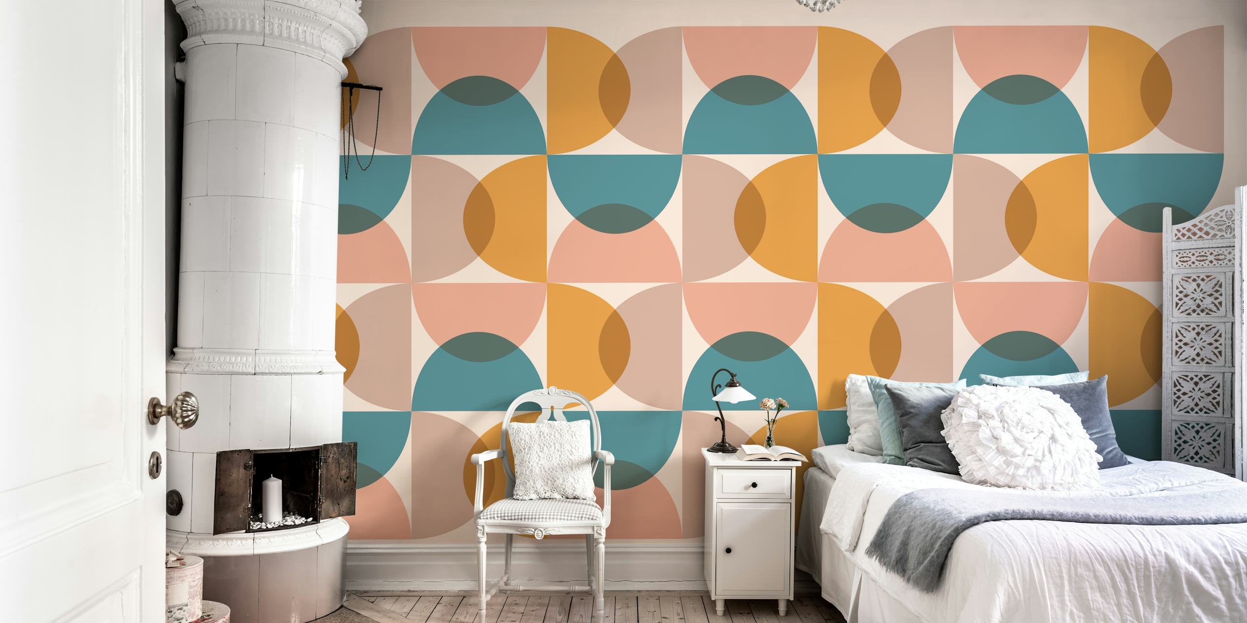1950s style geometric abstract wall mural in teal, gold, and blush