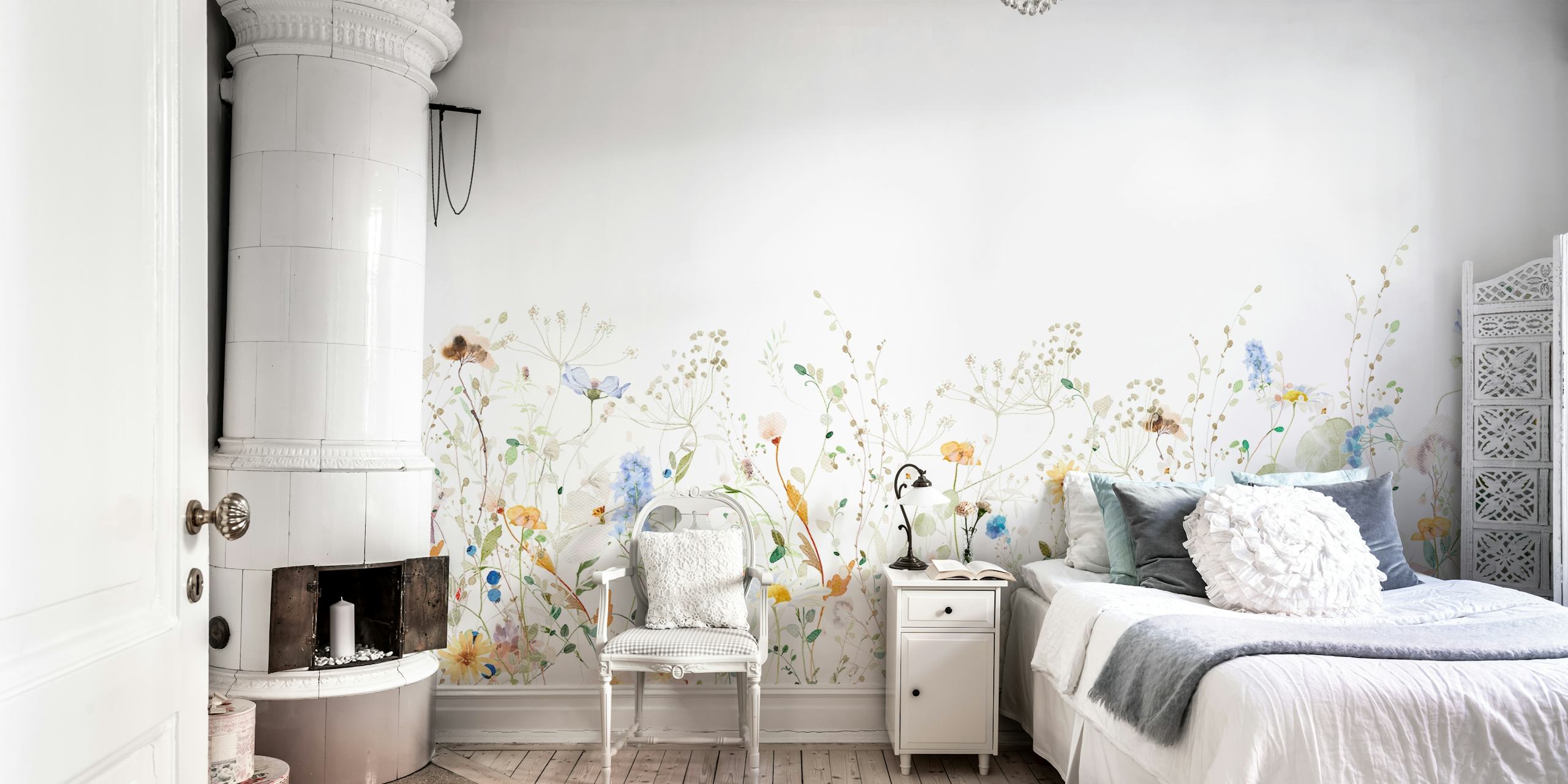 Colorful wildflower pattern with soft hues on white wallpaper