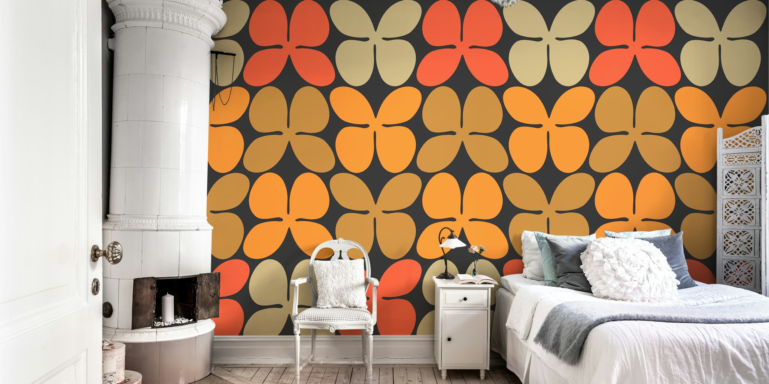 Mid century floral pattern wallpaper in warm colors: oranges, reds, browns on dark background