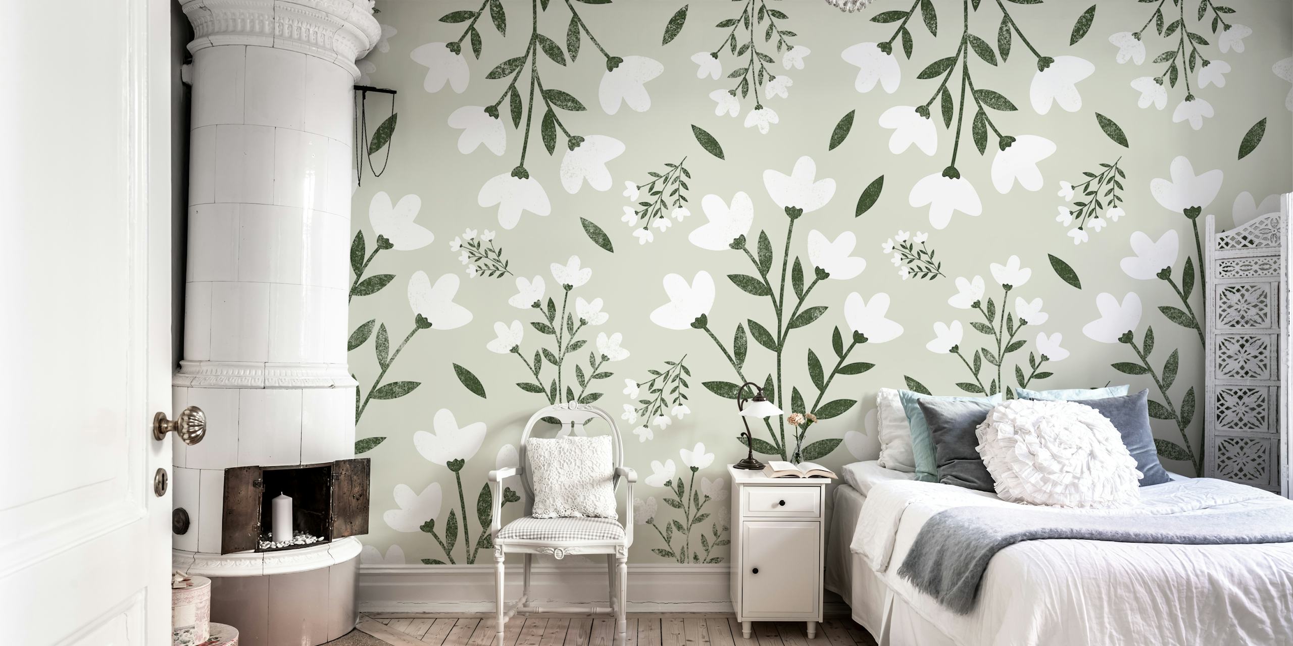 Boho Flower Green Wall Mural With White Flowers And Green Leaves On A Muted Background