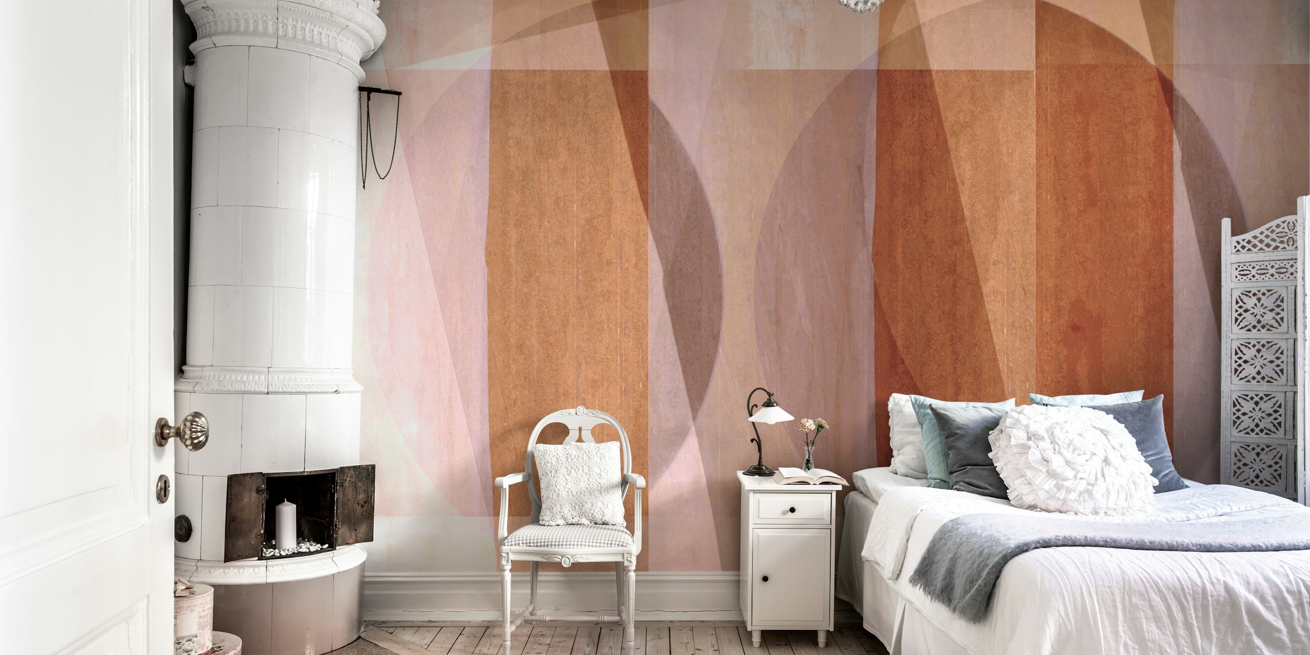 Retro geometric wallpaper in earthy tones featuring overlapping shapes and circles.