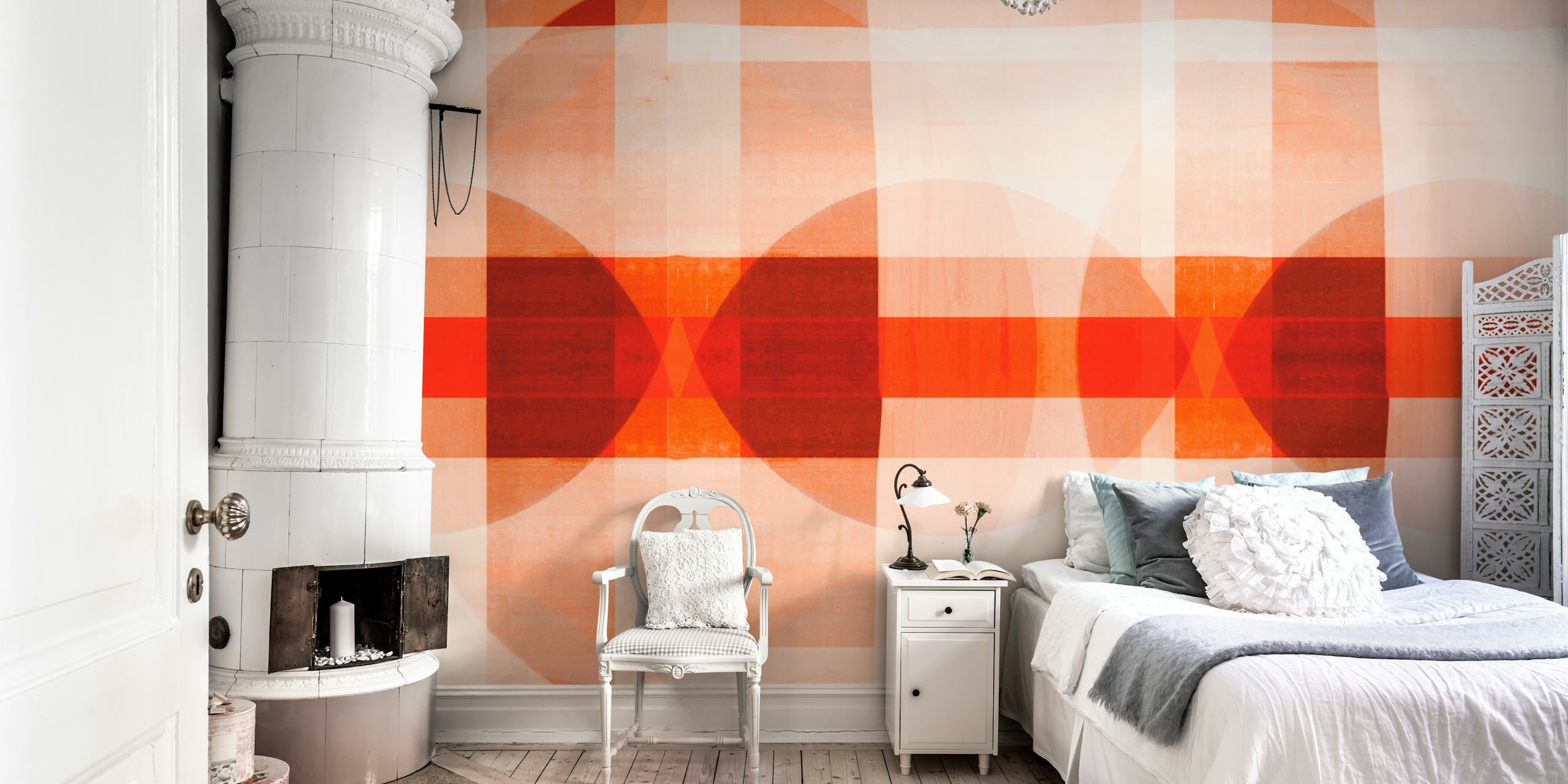 Mural de mosaico inspirado en la Bauhaus con motivos geométricos en colores cálidos