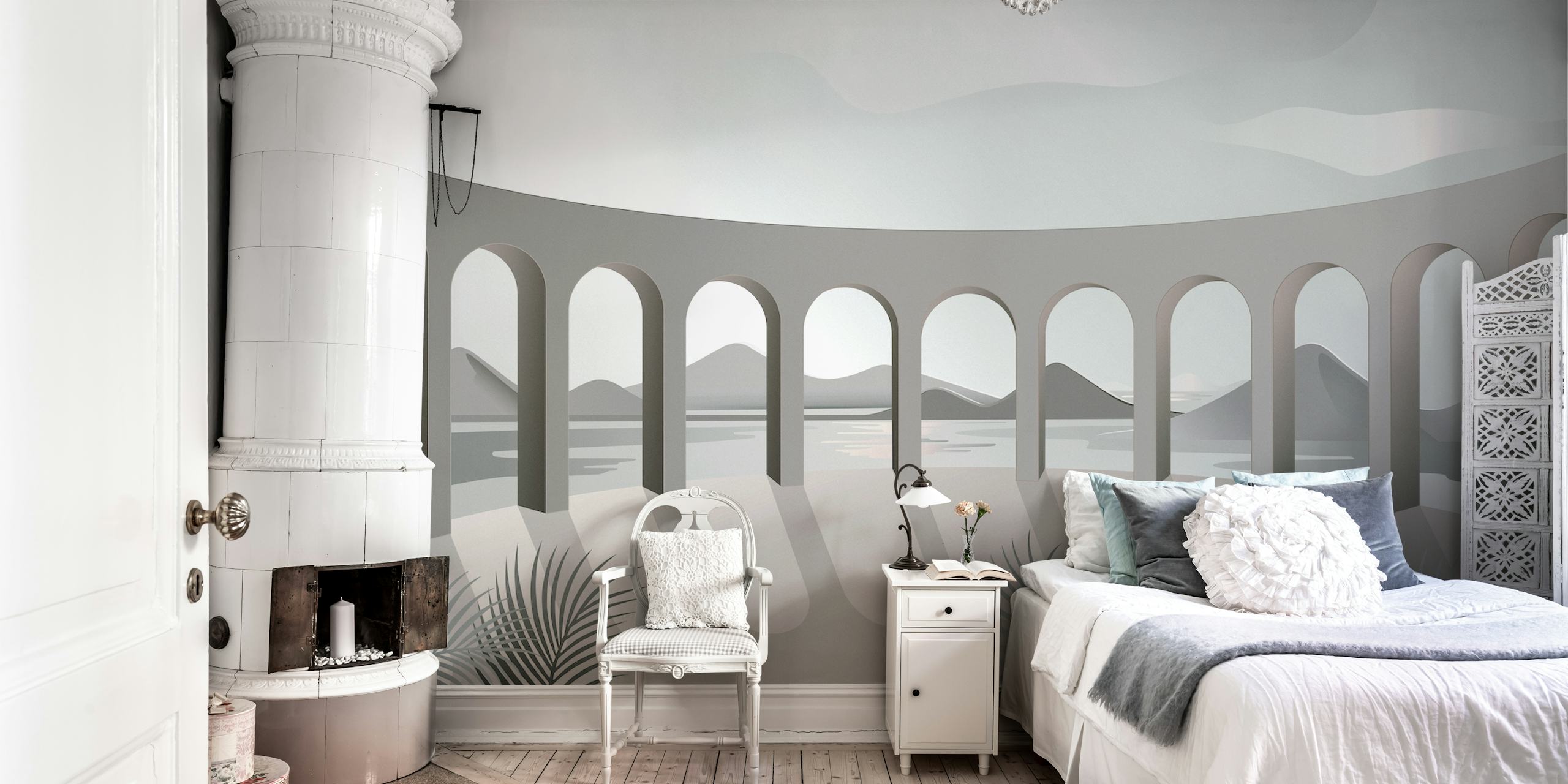 Gray architectural wallpaper featuring arches and mountains