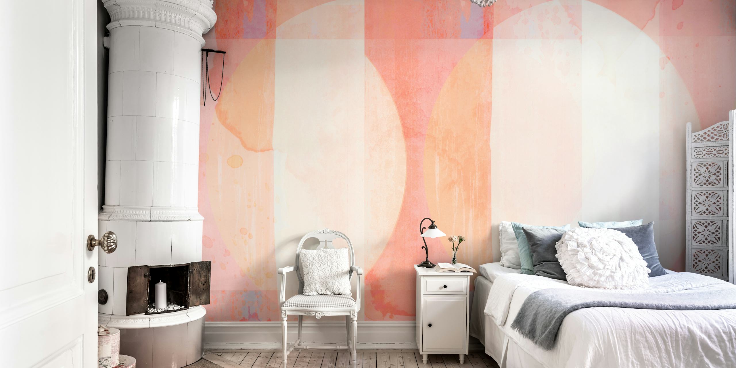 Abstract peach-colored shapes with grunge textures on a wall mural