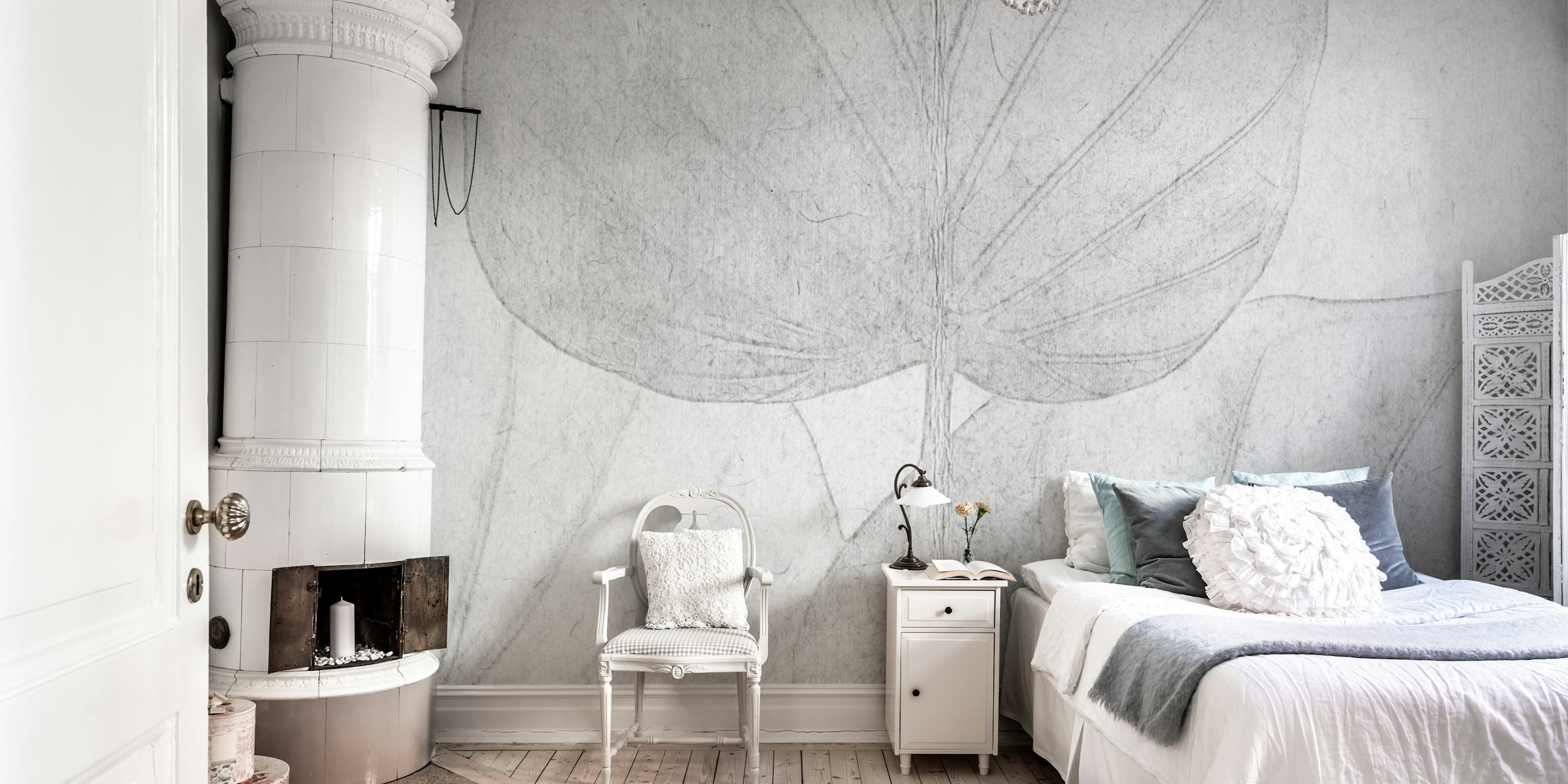 Grey leaf patterns on textured background wallpaper