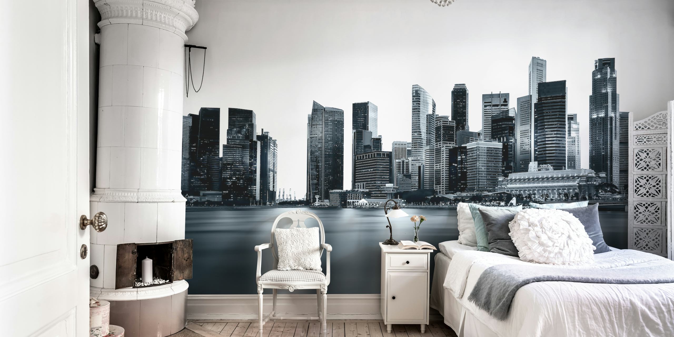 Black and white city skyline with skyscrapers wallpaper
