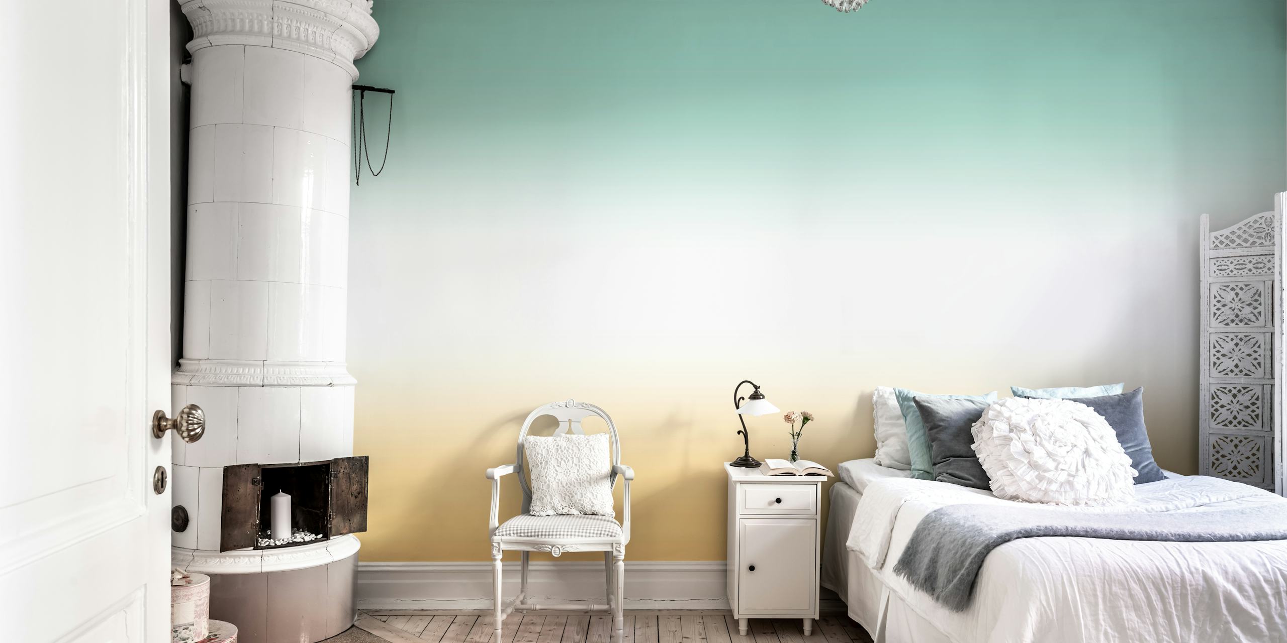Green ochre gradient wallpaper in a room