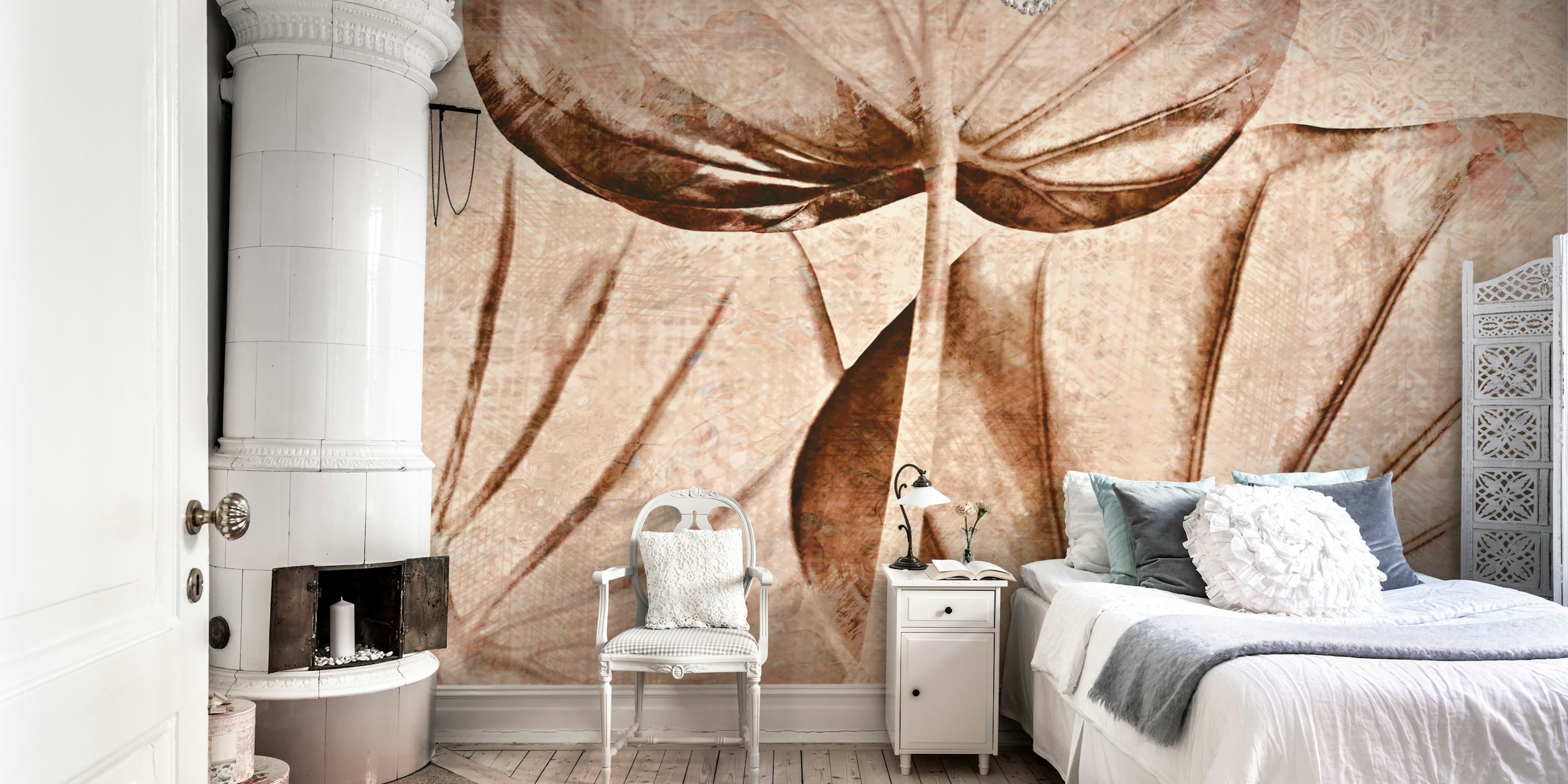 Neutral Japan Leaves wall mural with subtle earth-toned foliage