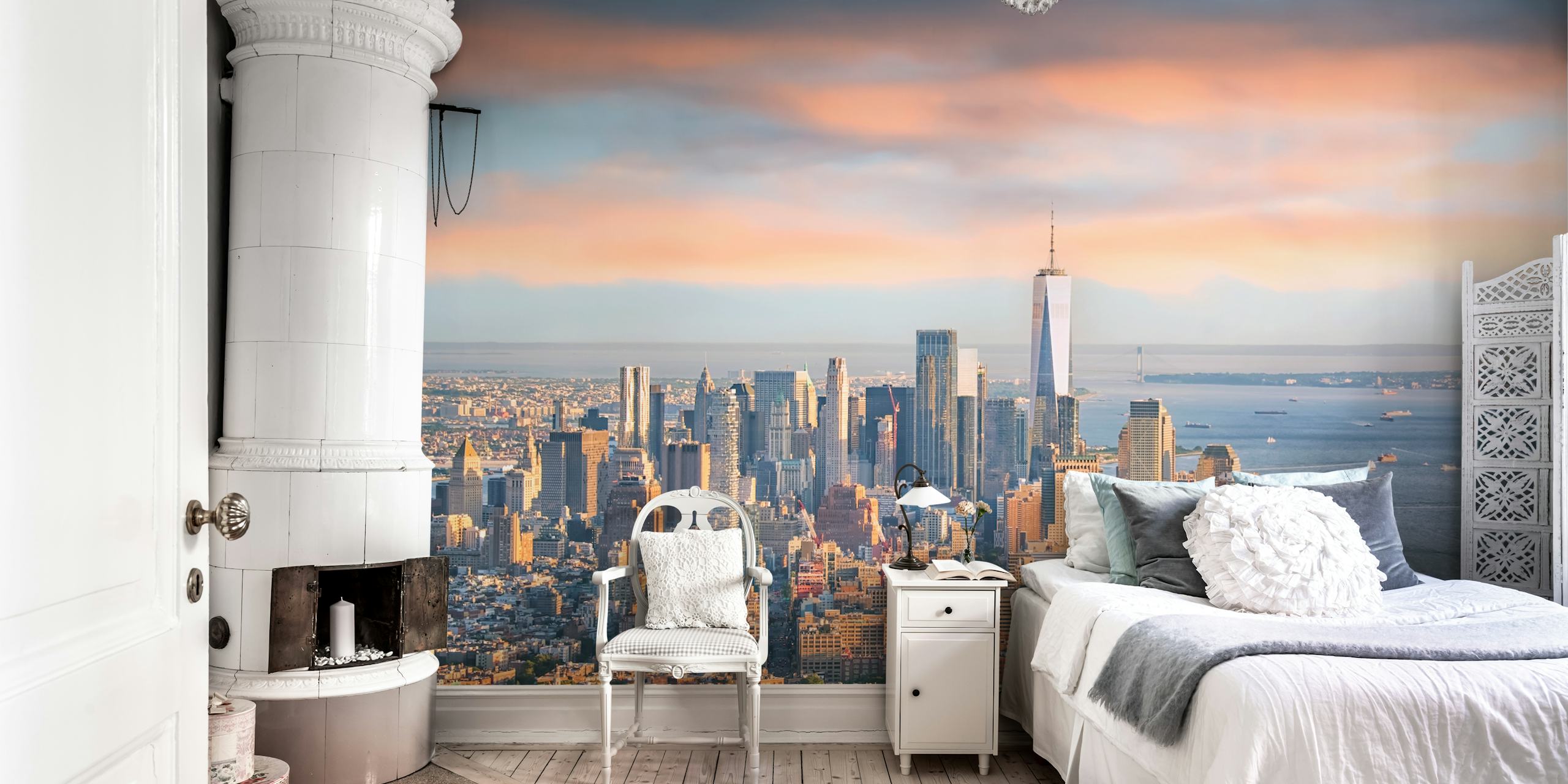 Orange New York skyline wallpaper in a room