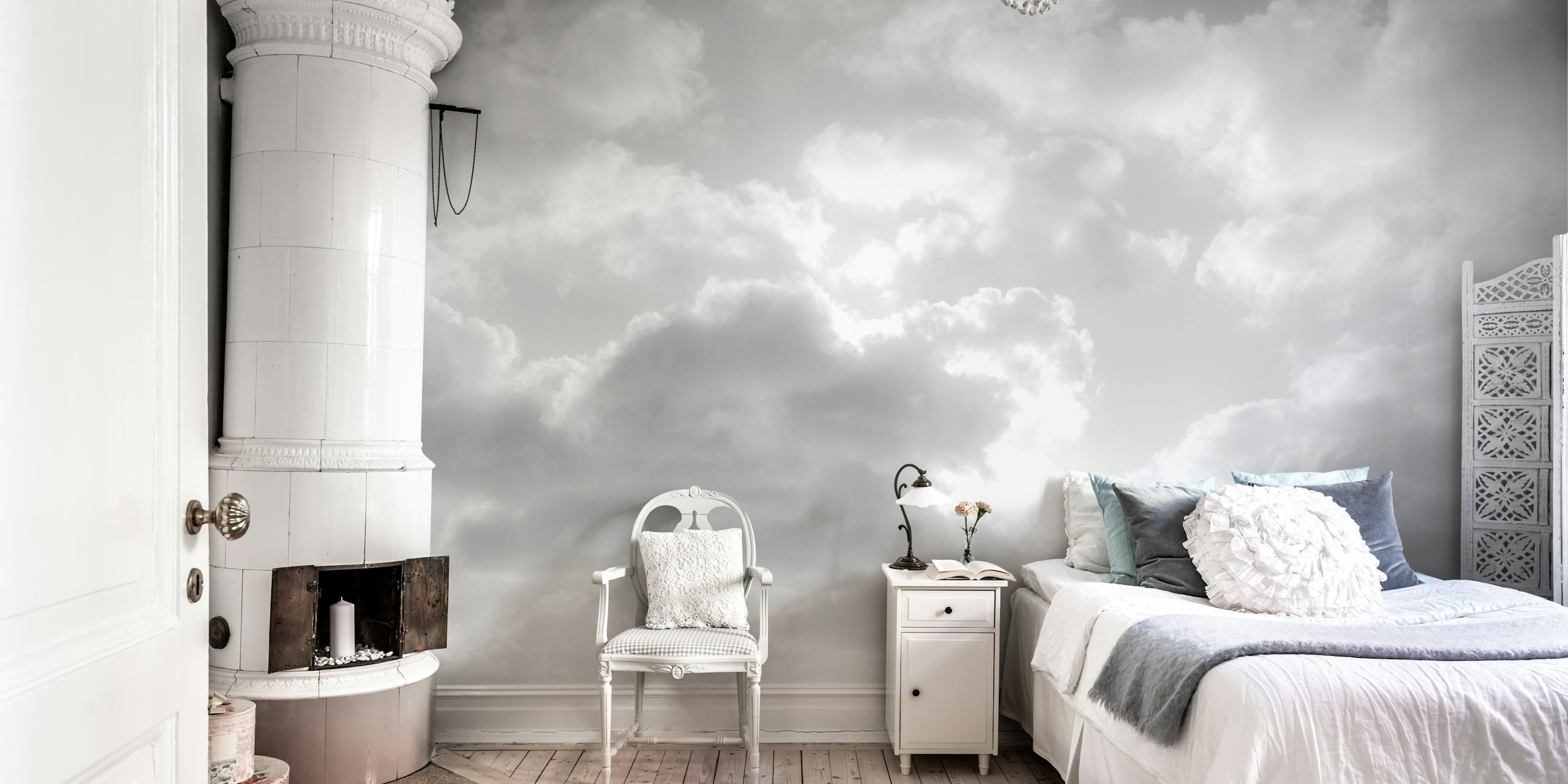 Black and white cloud wallpaper in a room