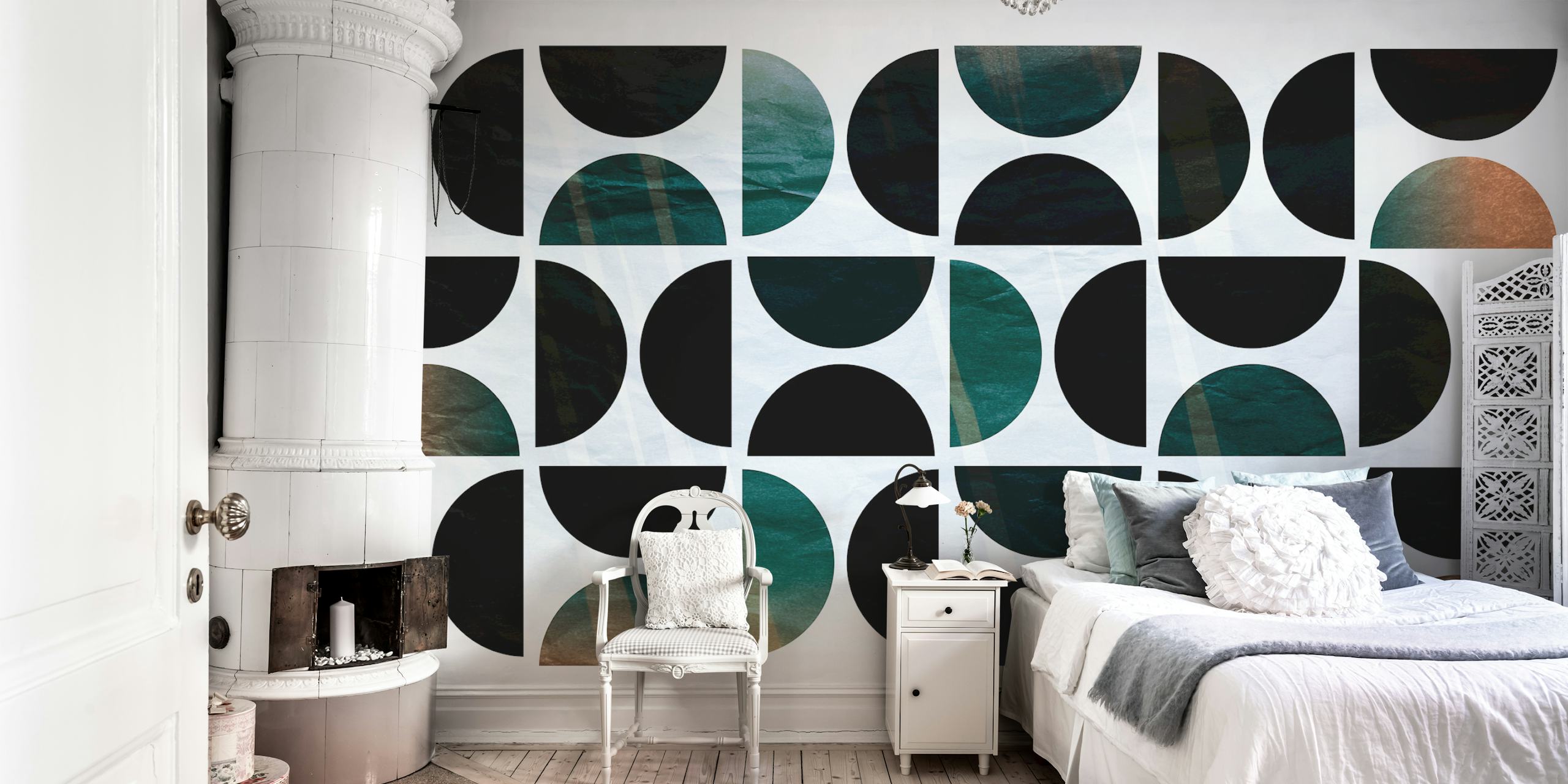 Geometric black and teal patterns with copper accents wallpaper