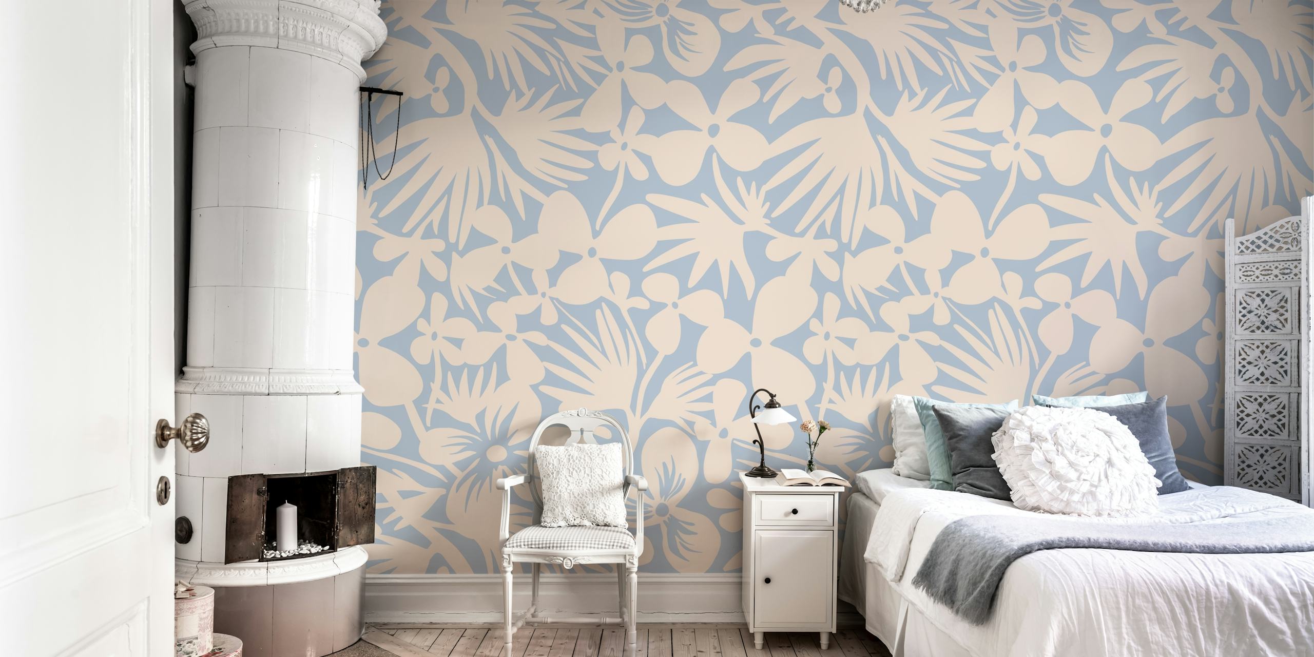 Elegant periwinkle blue floral pattern wall mural for interior decoration