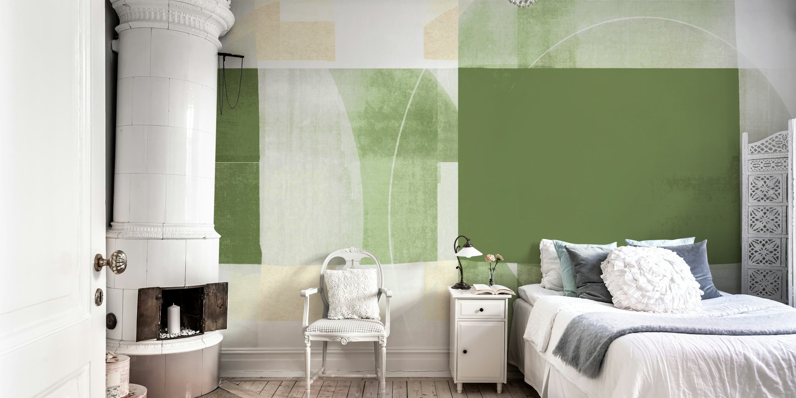 Sage Bauhaus Circles abstract wall mural with overlapping shapes in green and neutral tones