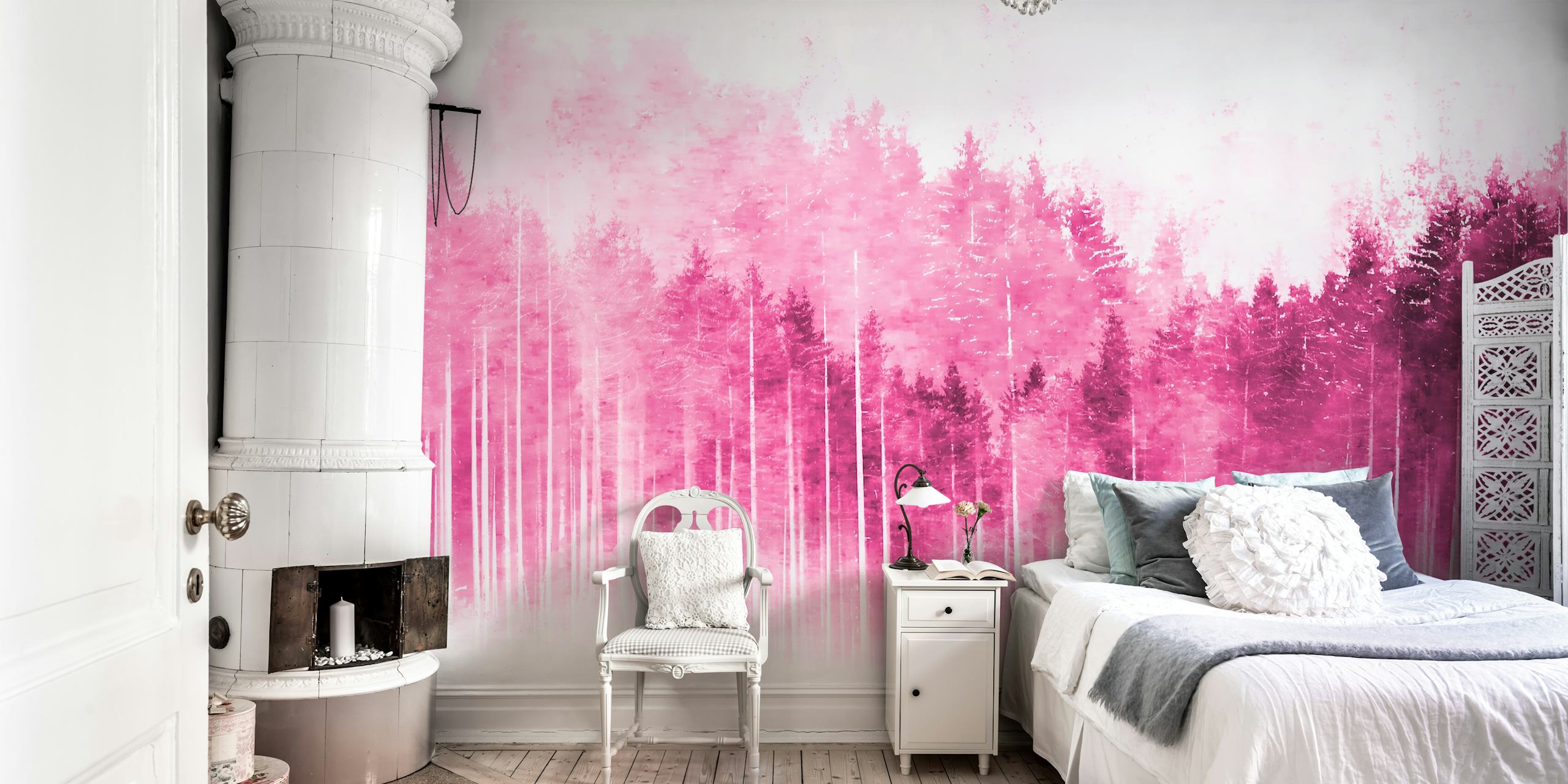 Papier peint mural silhouette de forêt de pins magenta sur happywall.com
