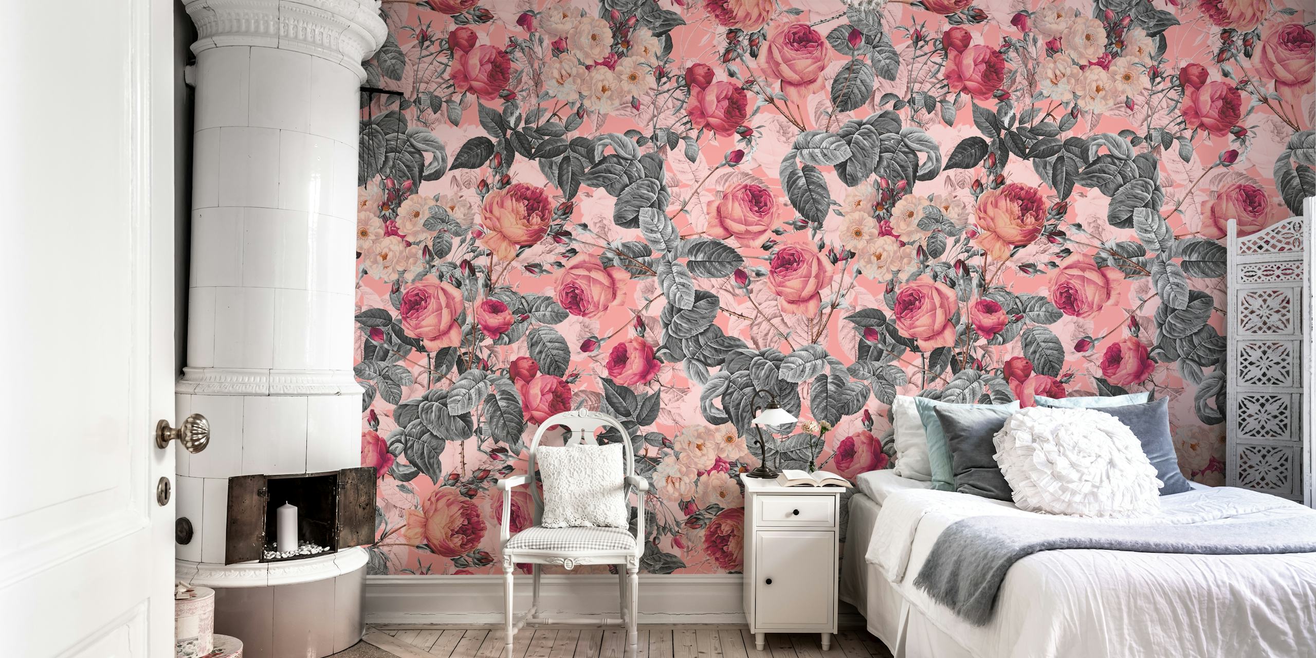 Floral wall mural with exotic pink and red flowers on a muted background in a garden-inspired design