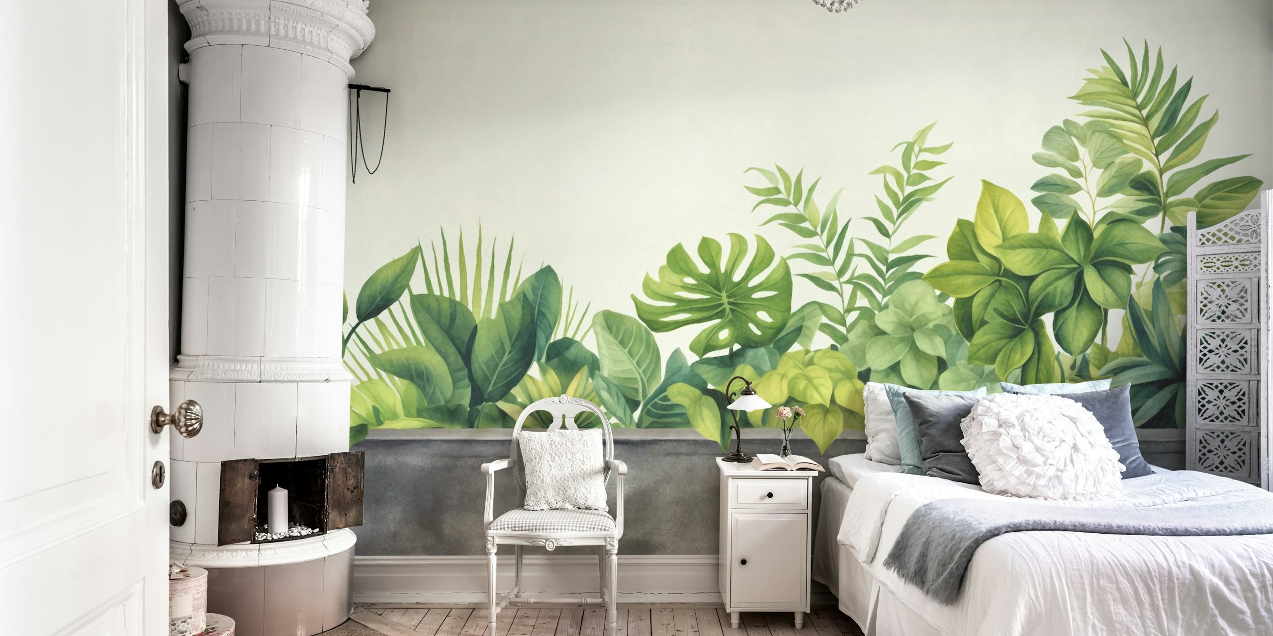 Urban Gardening Tropical Green Watercolor wall mural with lush foliage over grey background