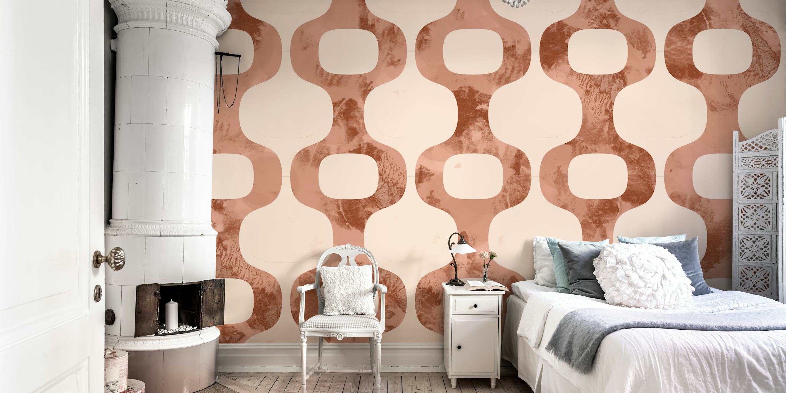 Mid-Century Copper geometric pattern wall mural with warm copper tones and retro design.
