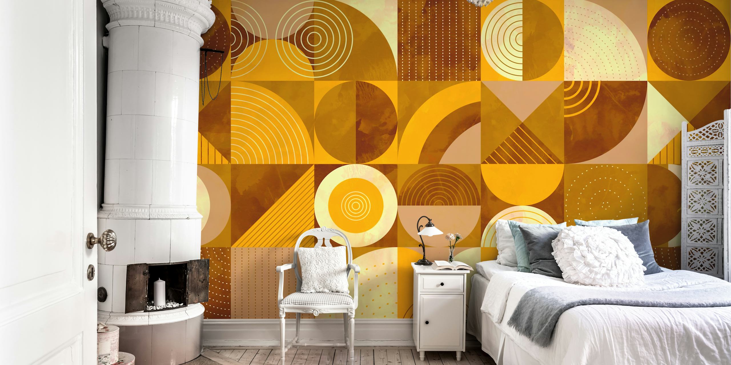 Geometric patterns in warm gold and brown tones wallpaper
