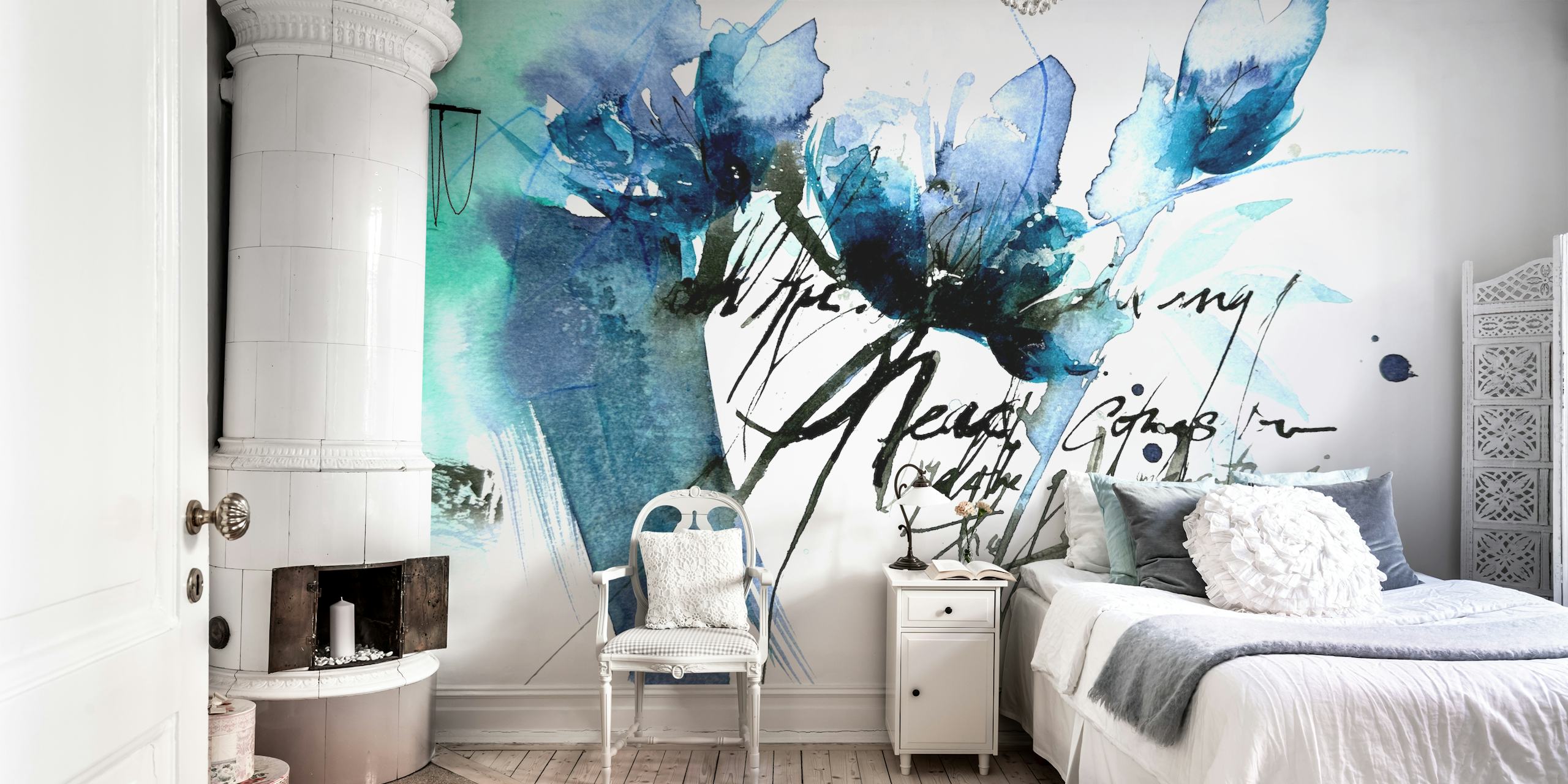 Floral wallpaper in a room with blue and green tones