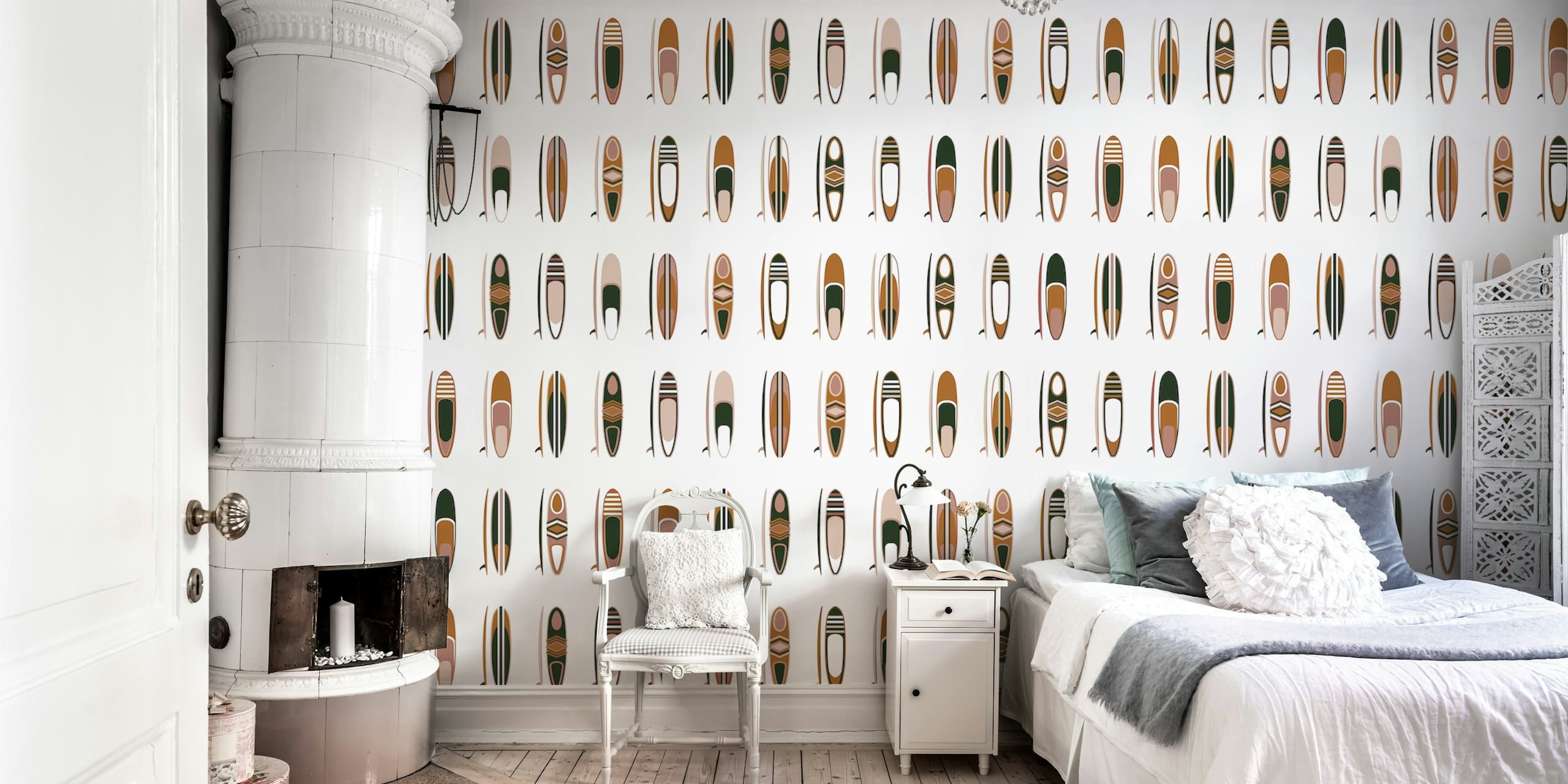 Tropical wallpaper featuring various surfboards in brown, green, and beige on a white background.