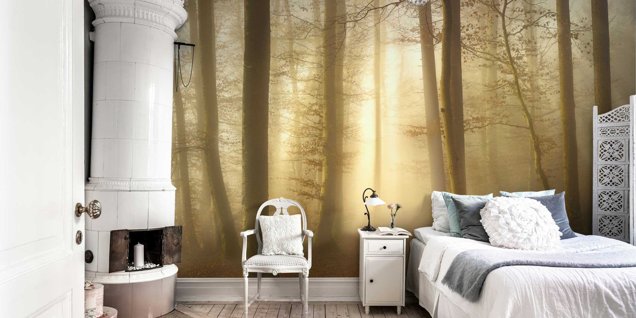 Misty sunlight shining through a dense forest on a Into the Trees wall mural