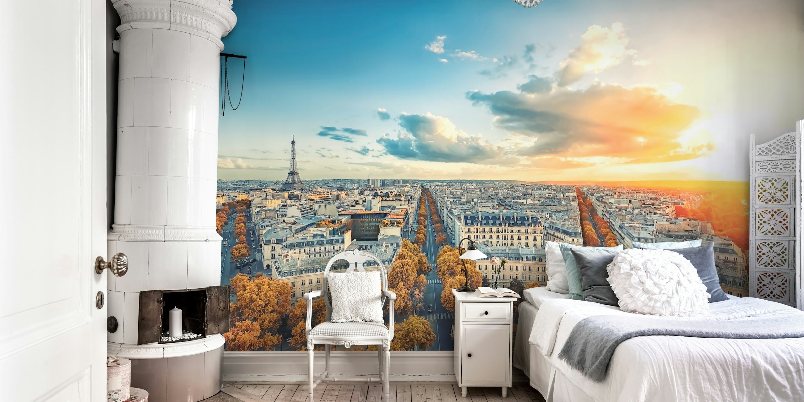 City skyline with autumn trees and Eiffel Tower sunset wallpaper