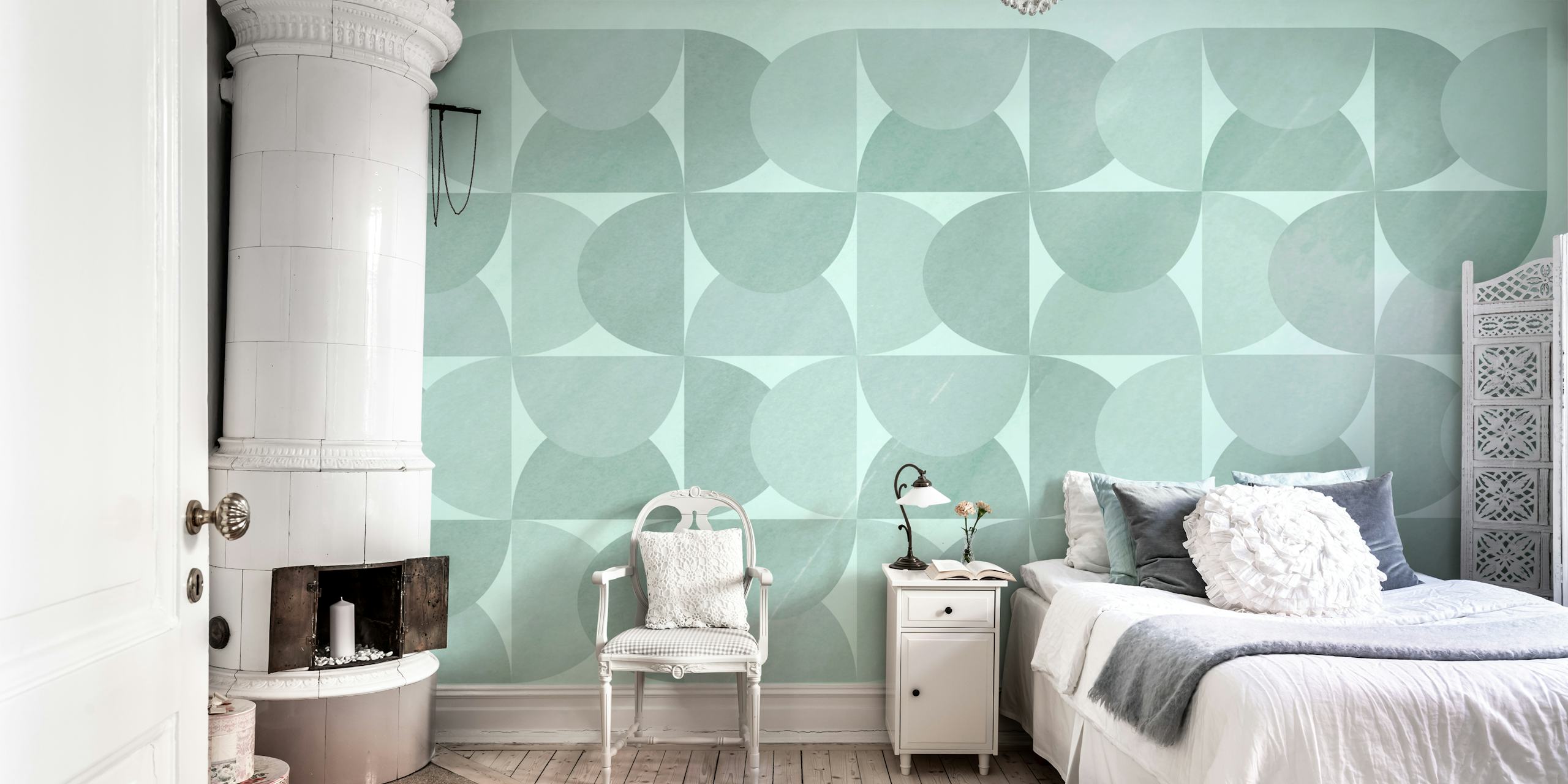 Geometric Mid-Century Shapes tapetti huoneessa