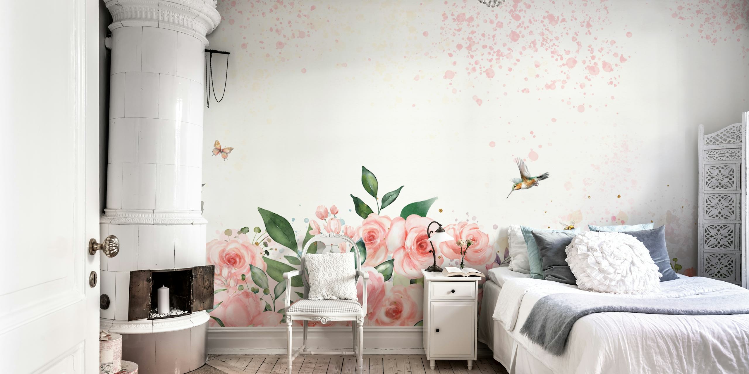 Pink roses wallpaper in a room setting