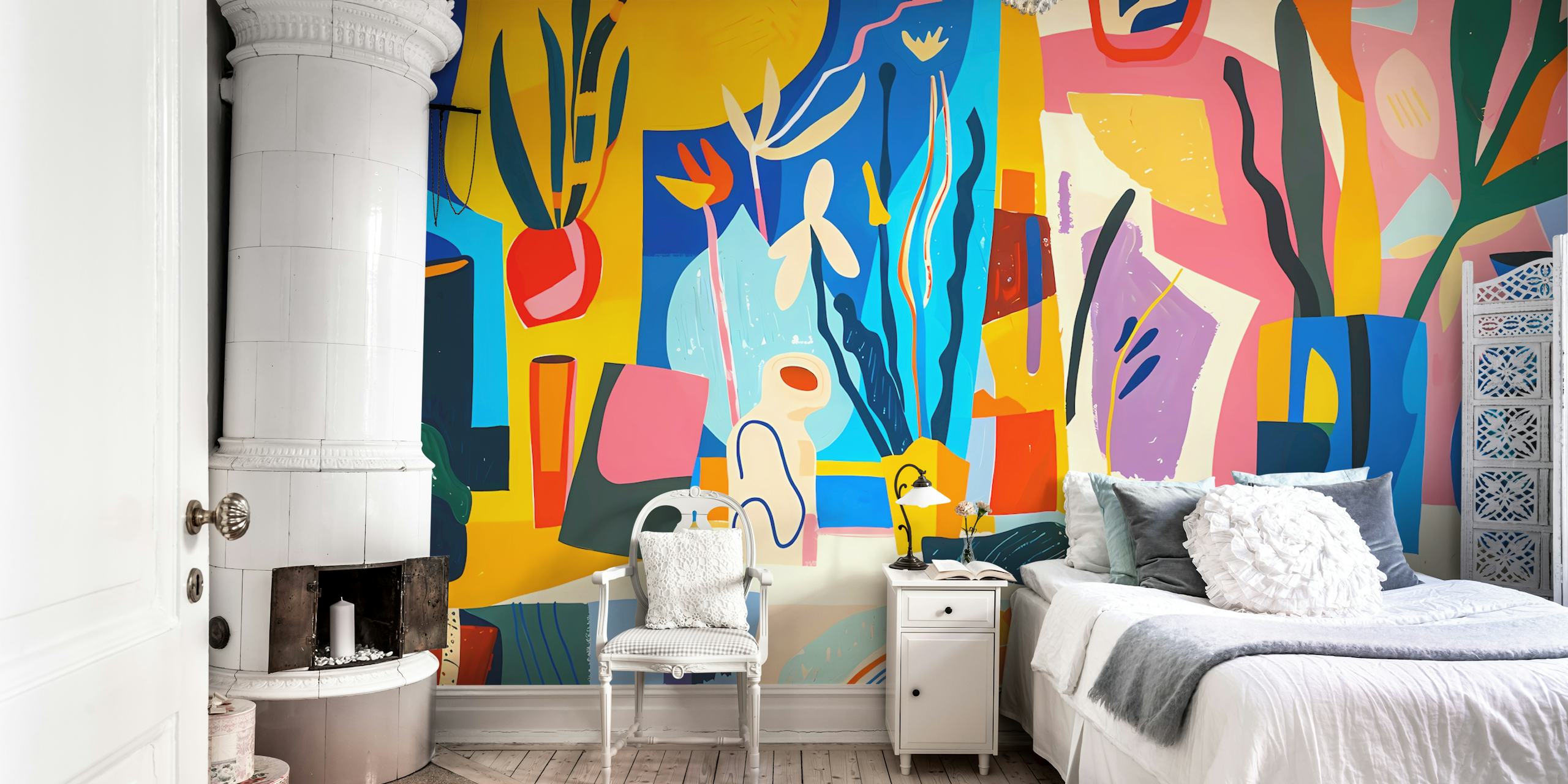 Apstraktni šareni zidni mural sa spontanim potezima kista i geometrijskim oblicima