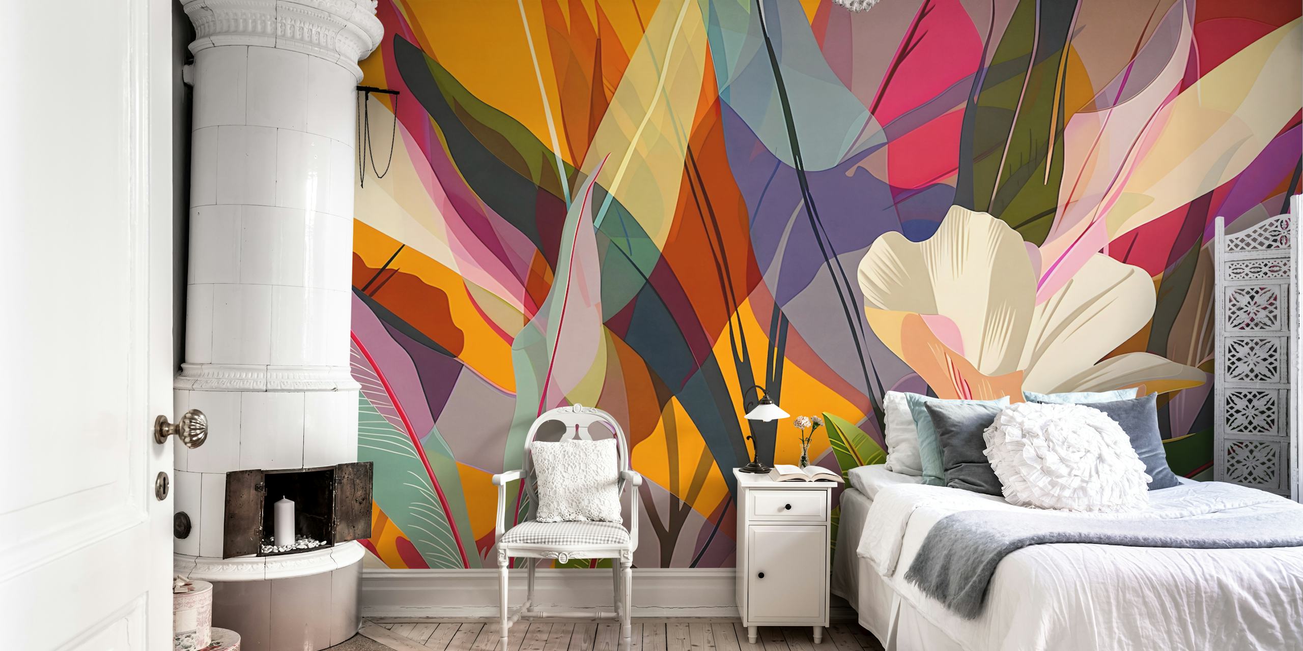 Colorful floral design with leaves and flowers against an orange background wallpaper