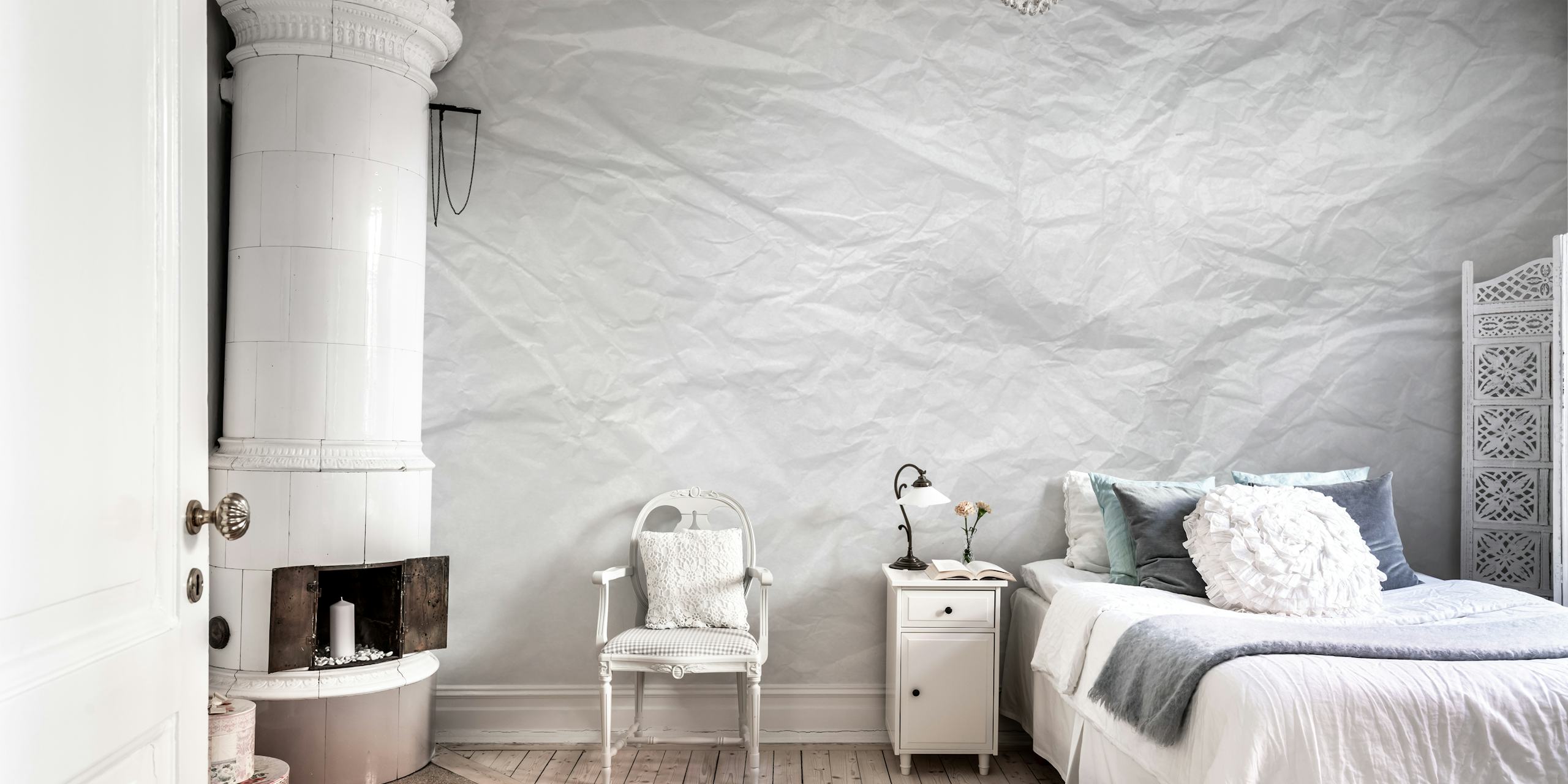 Crumpled white textured wallpaper