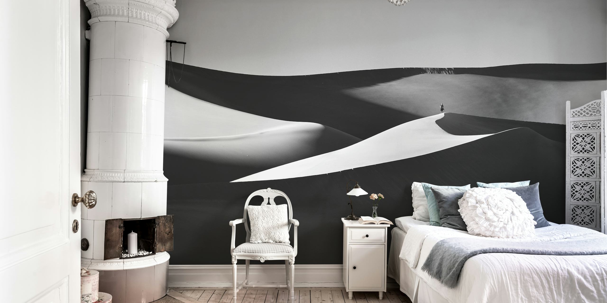 Black and white wallpaper design with dunes.
