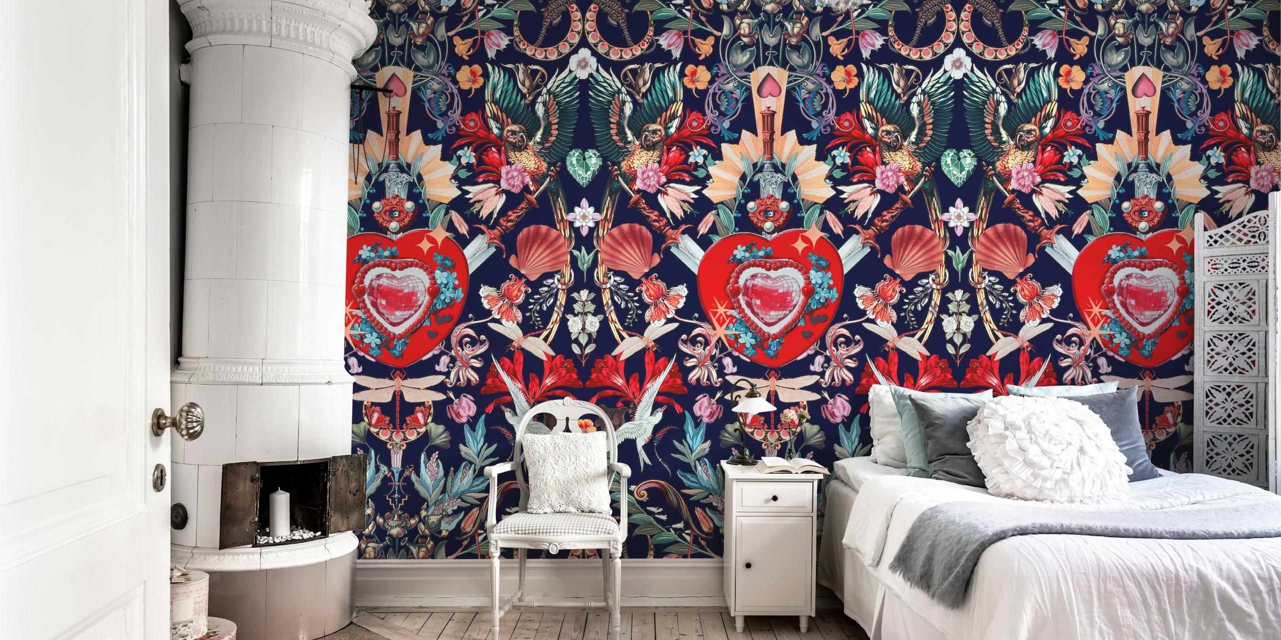 Floral heart pattern in vibrant colors on navy background wallpaper