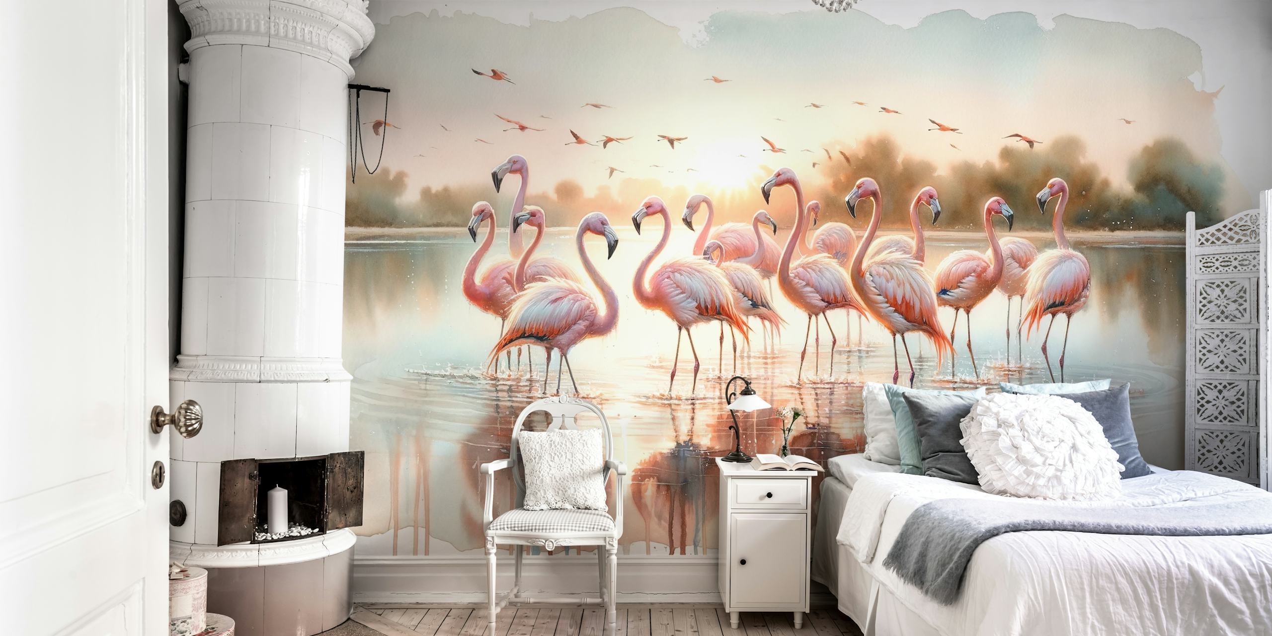 Pink flamingos in a serene lake setting, pastel colors, watercolor style wallpaper