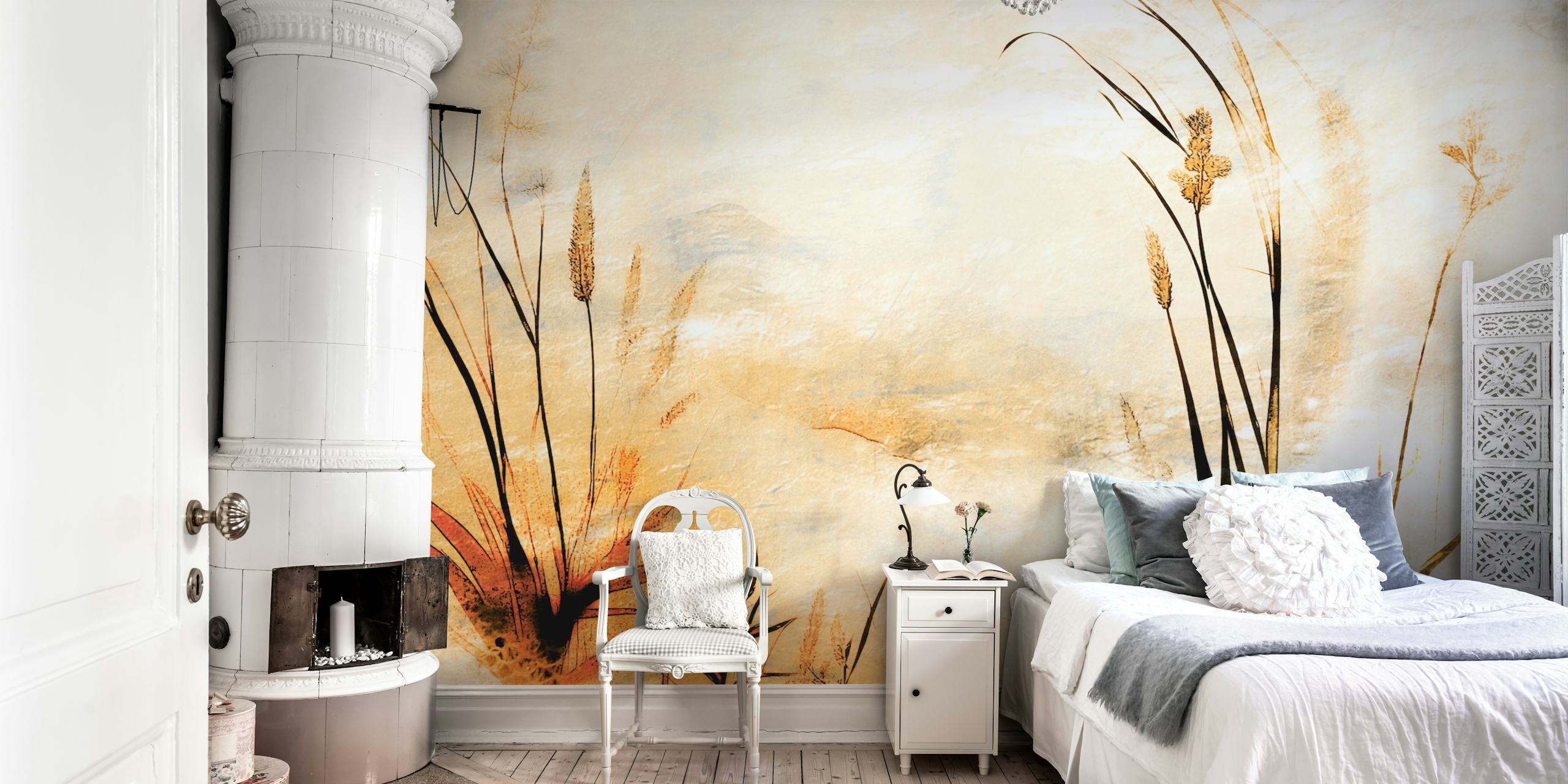 Wall mural of a meadow with tall grass in golden sunrise hues
