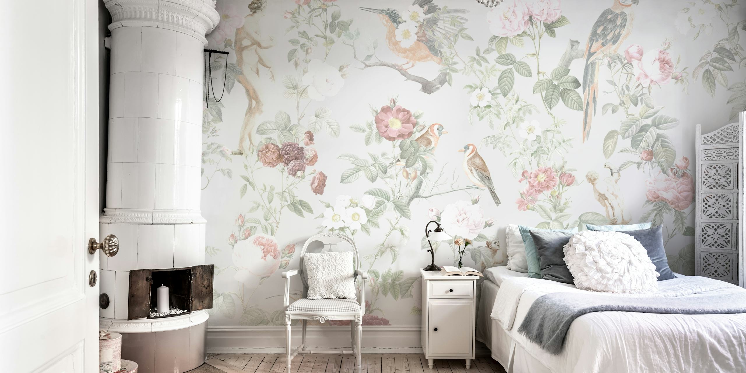 Soft-hued flower and bird illustration wall mural