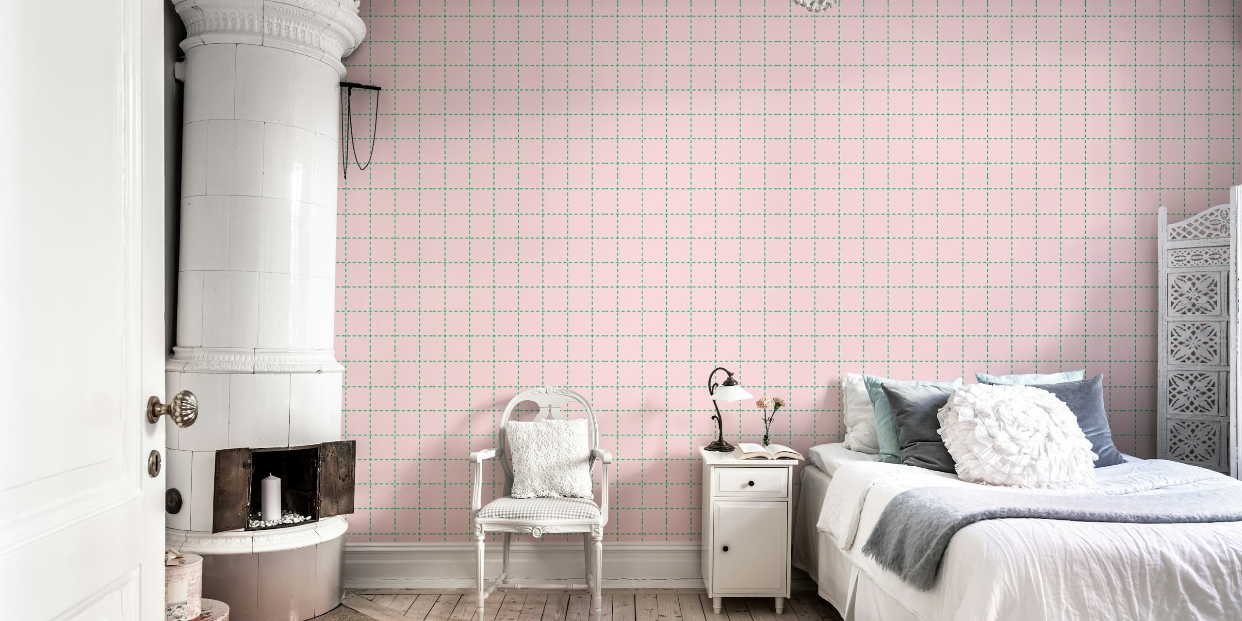Elegant veggmaleri med rutemønster i rosa og grønne nyanser