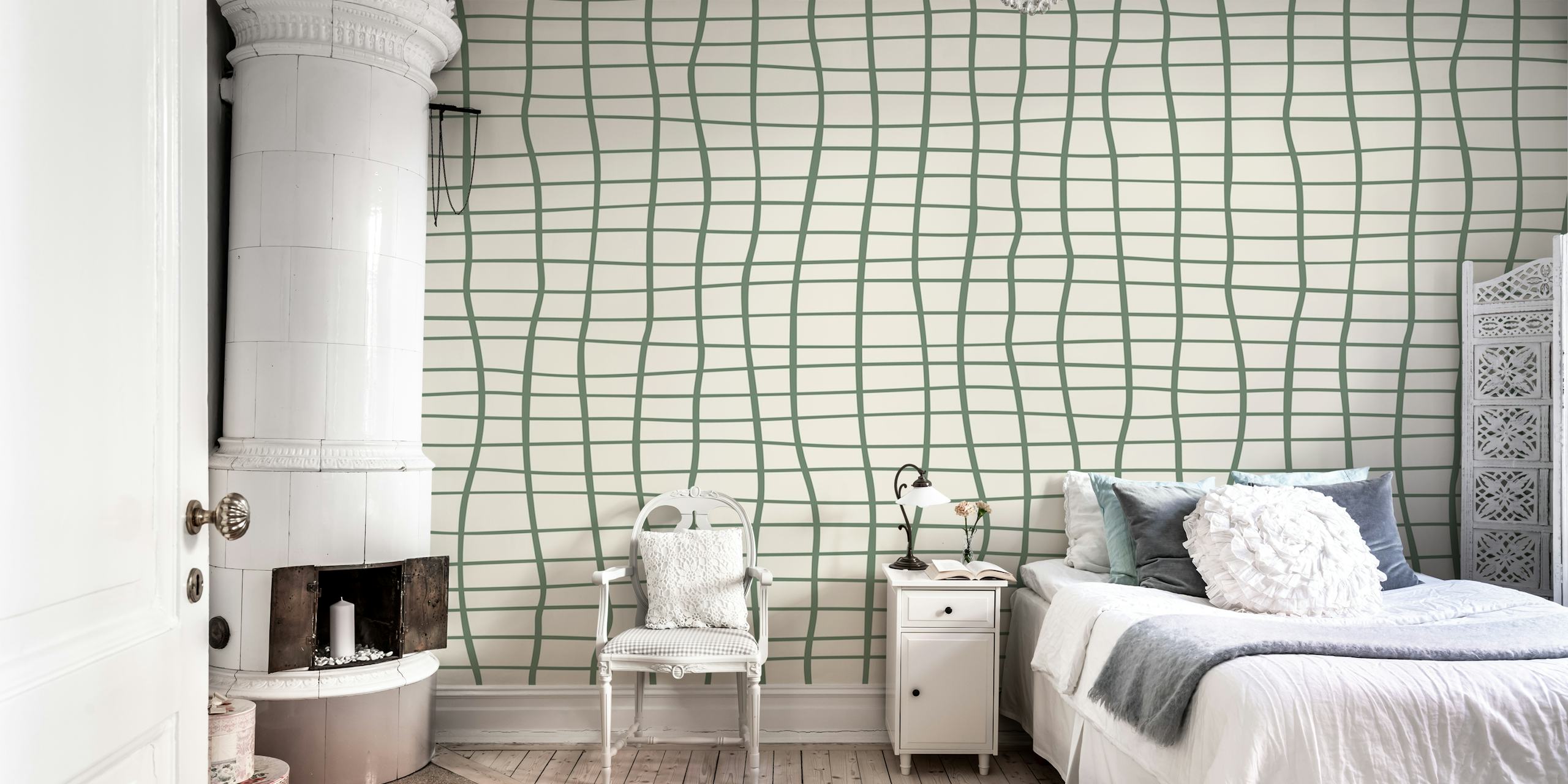Grønn vintage grid pattern tapet i et rom