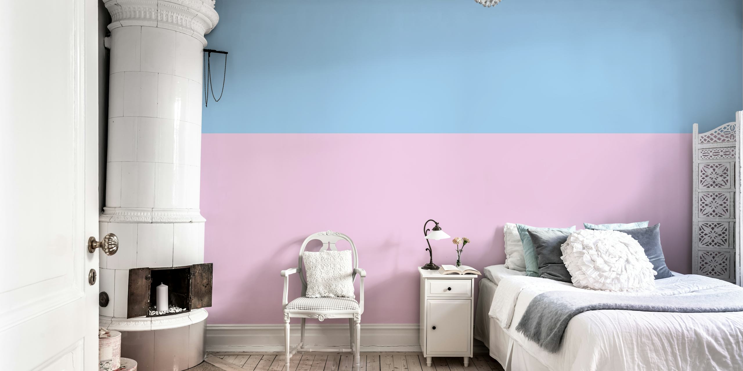 Géométrique papier peint bleu et rose, design color-blocking