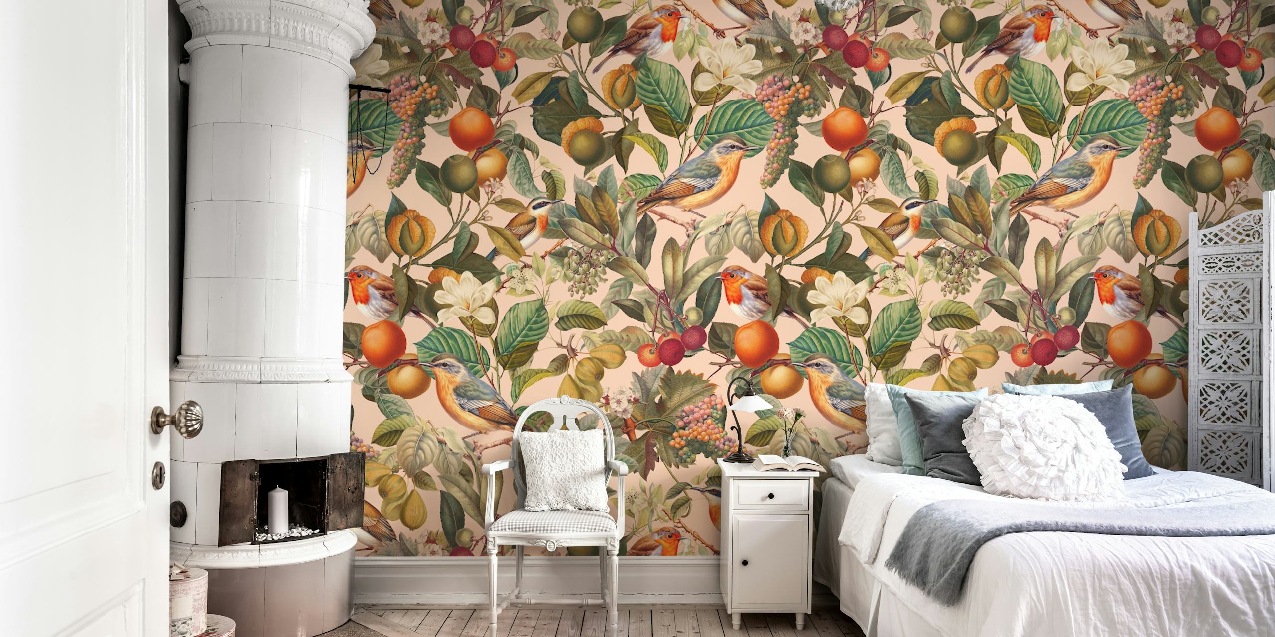 Colorful birds and foliage wallpaper design