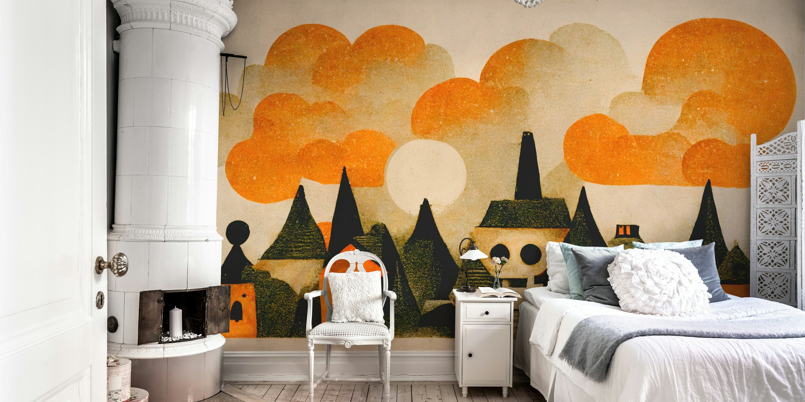 Spooky Wooky Village fototapeta ze stylizowanymi nawiedzonymi domami i pomarańczowymi chmurami.