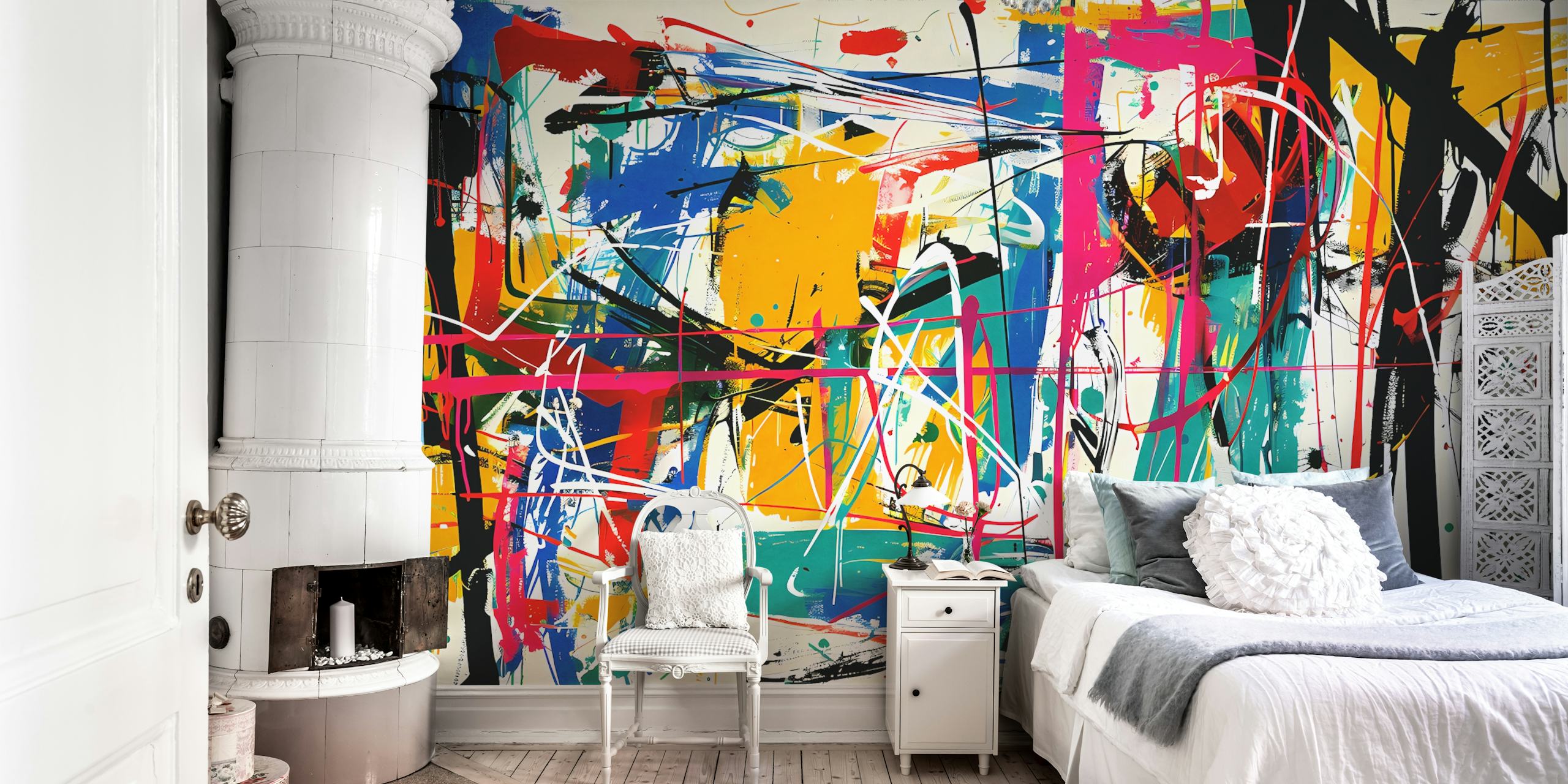 Πολύχρωμη τοιχογραφία σε στυλ street art με αφηρημένα στοιχεία γκράφιτι